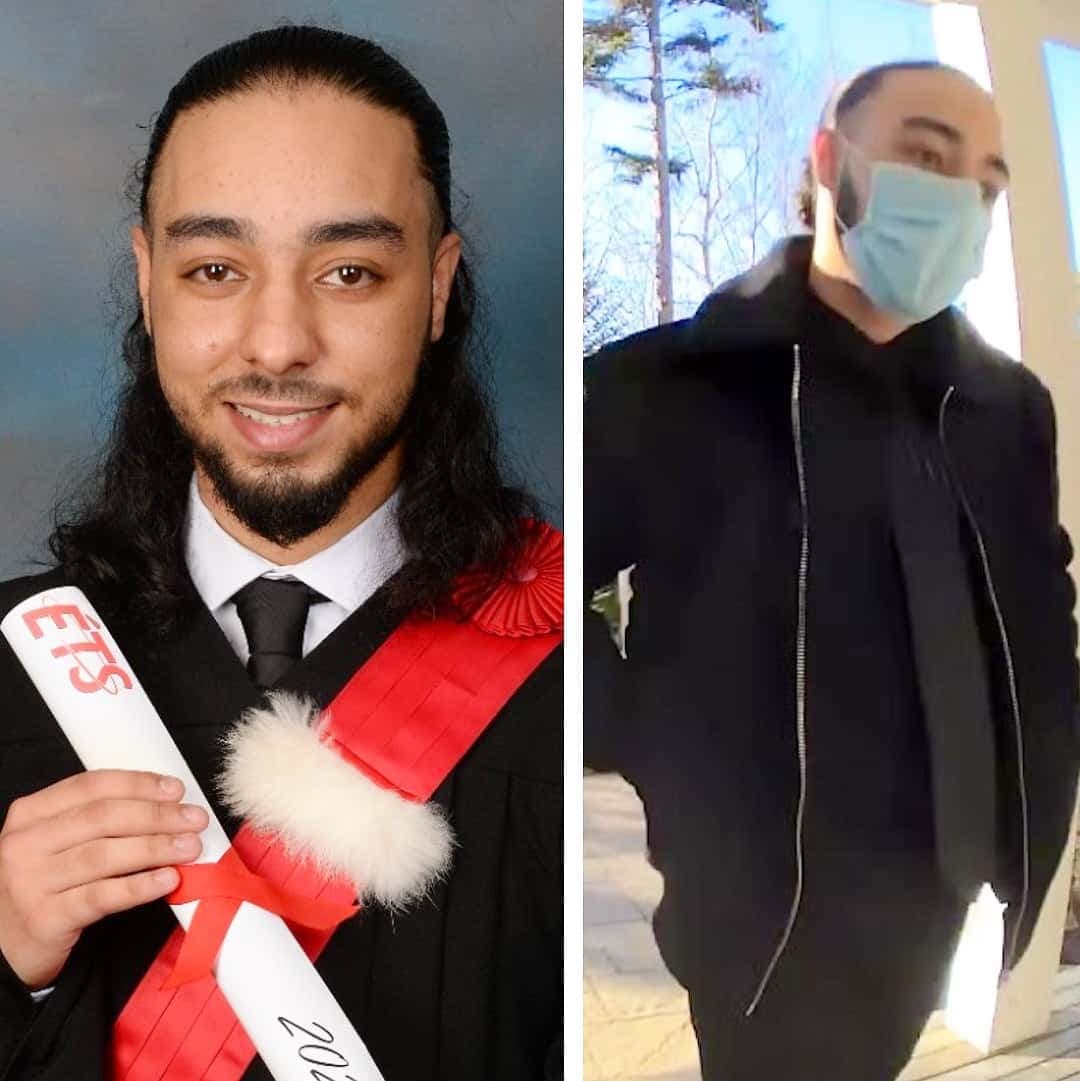 À gauche, photo d'Omar Zanfi, qui venait de terminer en août 2022 un baccalauréat en génie mécanique à l’École de technologie supérieure (ÉTS). À droite, photo d’une caméra de sécurité où Omar Zanfi prétend être un «garant de caution» pour percevoir de l’argent auprès d’un aîné.