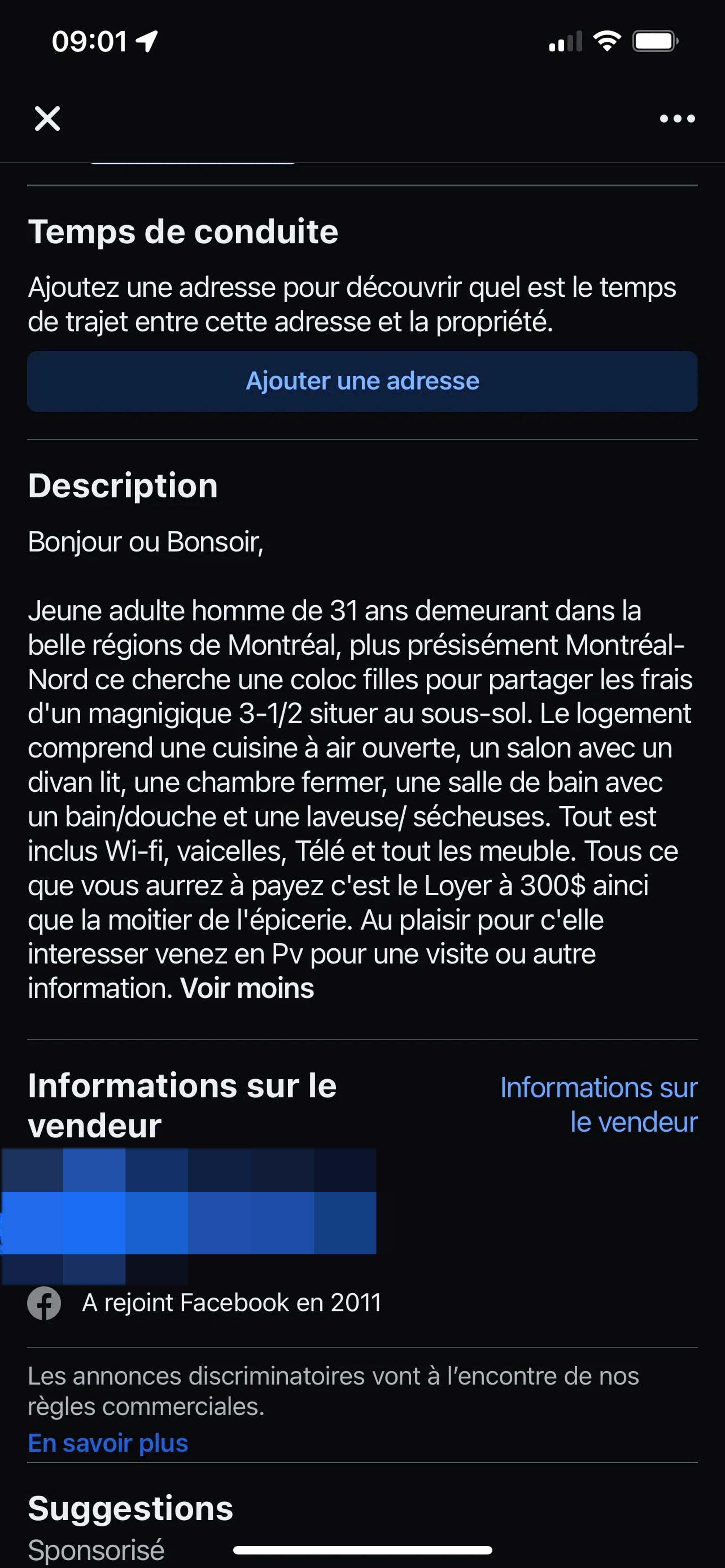 Exemple de petites annonces menant à une offre de sexe contre un loyer sur Facebook Marketplace et Kijiji.