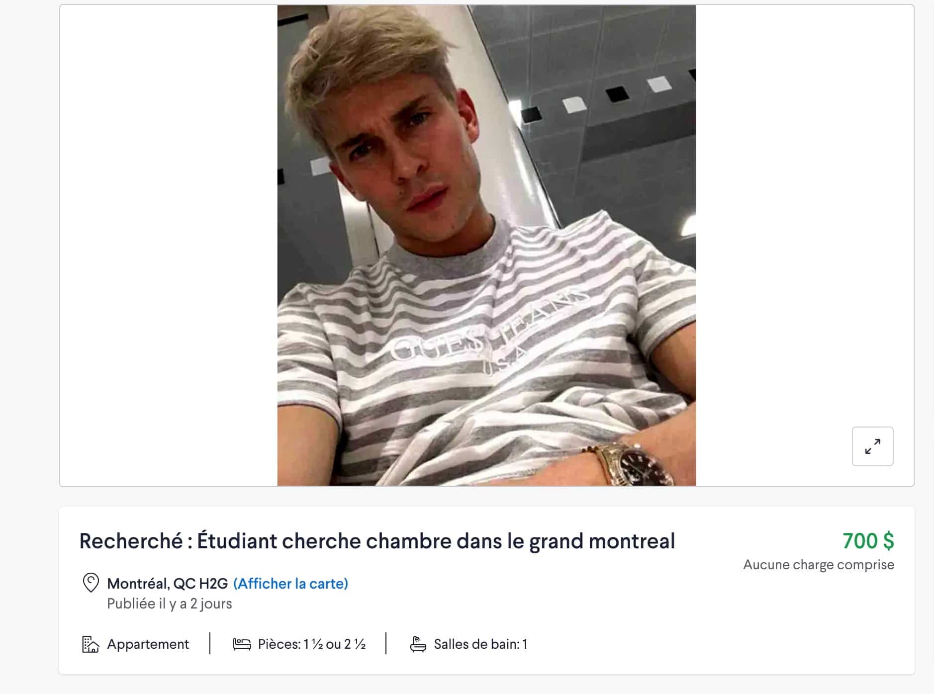 Une fausse annonce créée par le Journal où un jeune homme baptisé Thomas affirme chercher un appartement pour la somme de 700$ par mois.