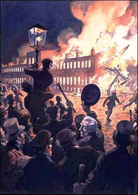 Le 25 avril 1849, des émeutiers anglophones saccagent le parlement et y mettent le feu.