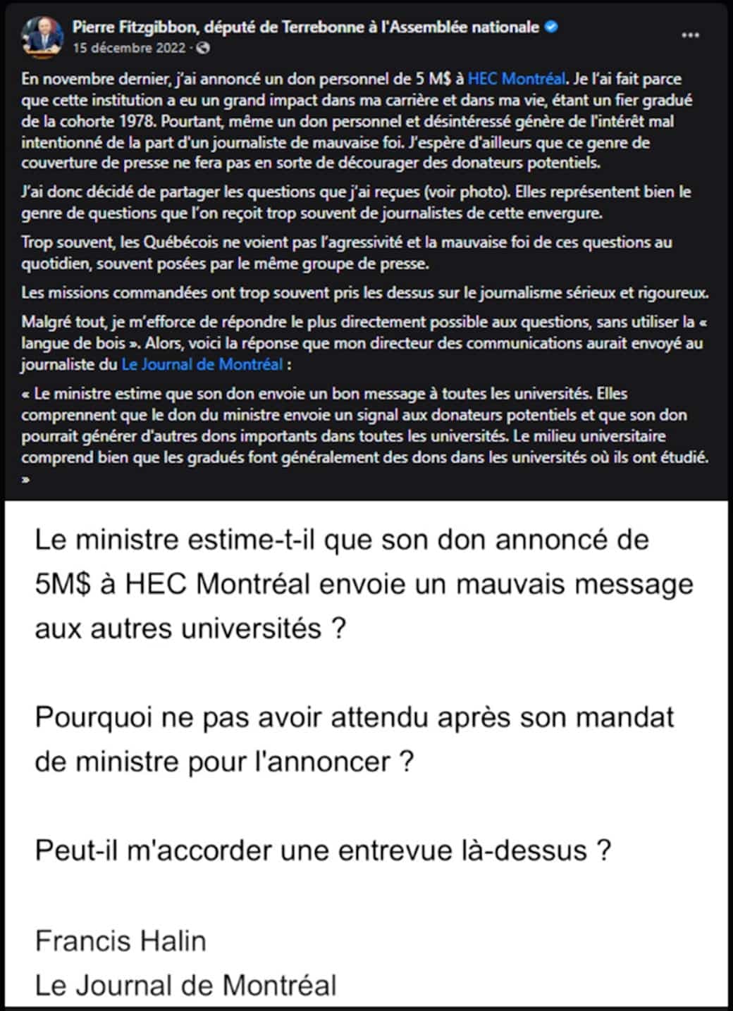 Capture d'écran, Facebook de Pierre Fitzgibbon