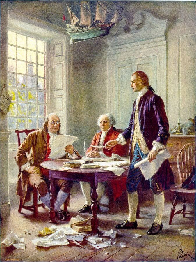 Benjamin Franklin, John Adams et Thomas Jefferson discutant de la déclaration d’indépendance.