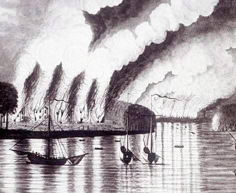 Représentation d’artiste de l’incendie d’un village acadien en 1758.