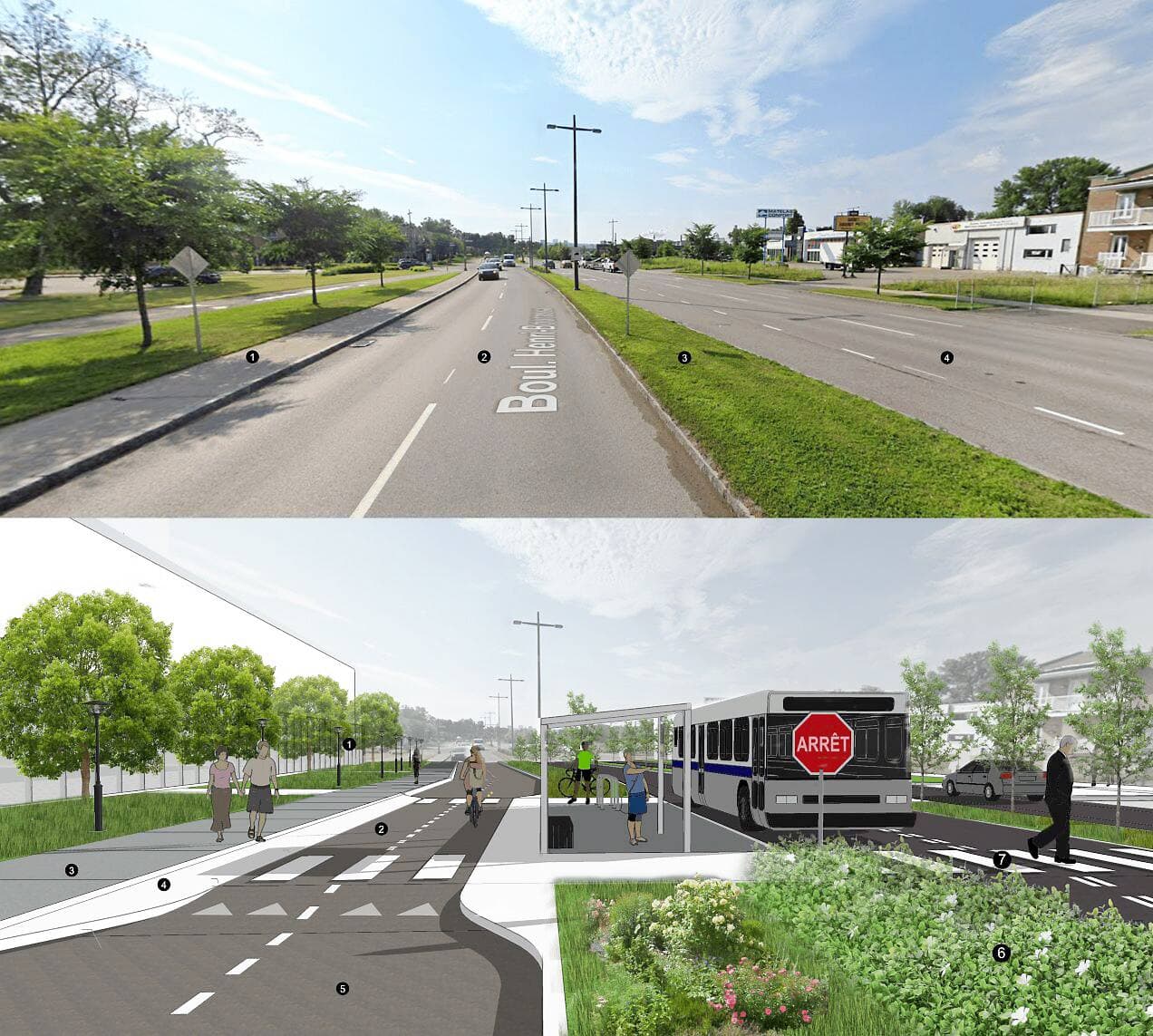 En plus de réclamer une bonification du transport collectif sur les ponts à Sainte-Foy, Accès transports viables a dévoilé ce vendredi sa vision pour le secteur de la Canardière. Ci-haut, une illustration des aménagements proposés, avant et après.