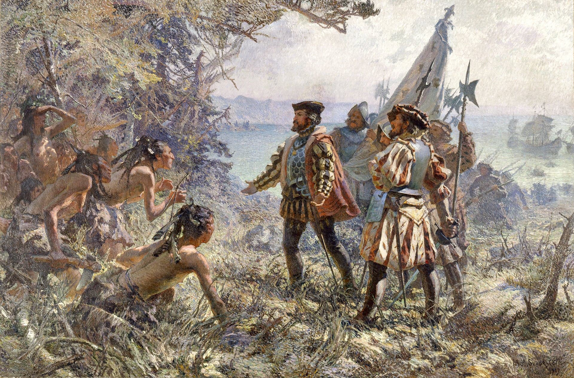 Jacques Cartier rencontre les Indiens à Stadaconé, 1535, une peinture de Marc-Aurèle de Foy Suzor-Côté en 1907.