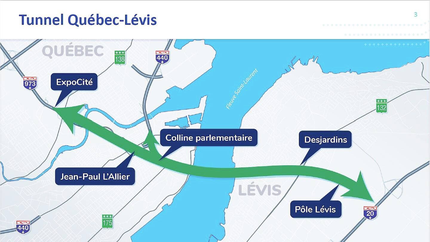 Tracé du tunnel Québec-Lévis, présenté le lundi 17 mai 2021 par le gouvernement de la CAQ.