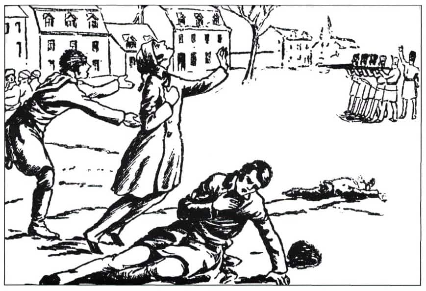 Gravure de la fusillade du 21 mai 1832, qui fit trois victimes parmi les supporters du Parti patriote.