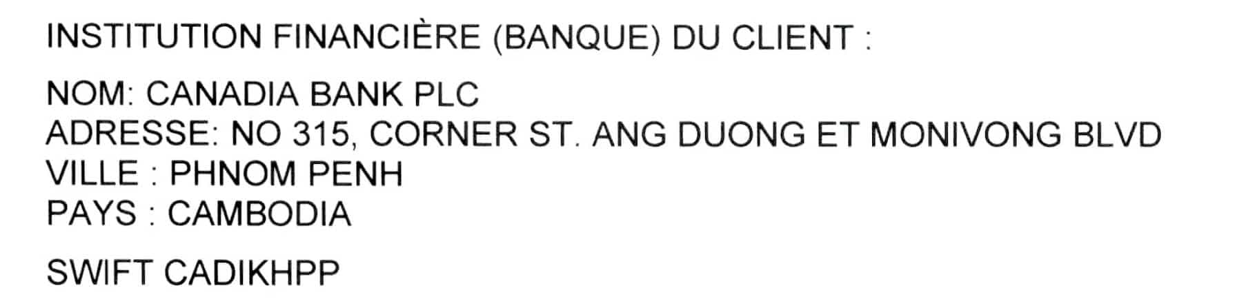 On voit ici le message envoyé par les fraudeurs au notaire Chartrand pour demander le transfert des fonds au Cambodge