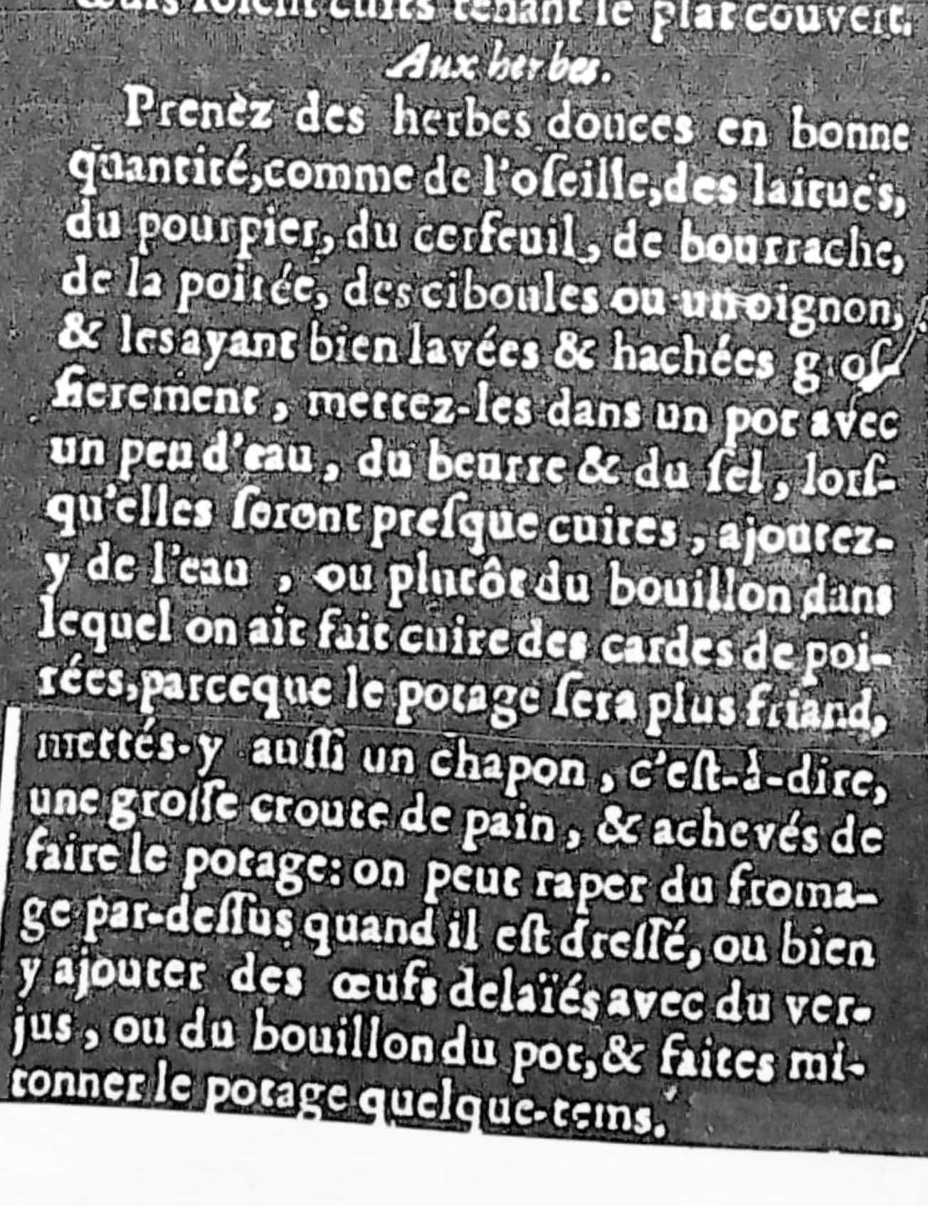 Recette de potage aux herbes tirée de l’édition de 1699 du Cuisinier françois de François de la Varenne.