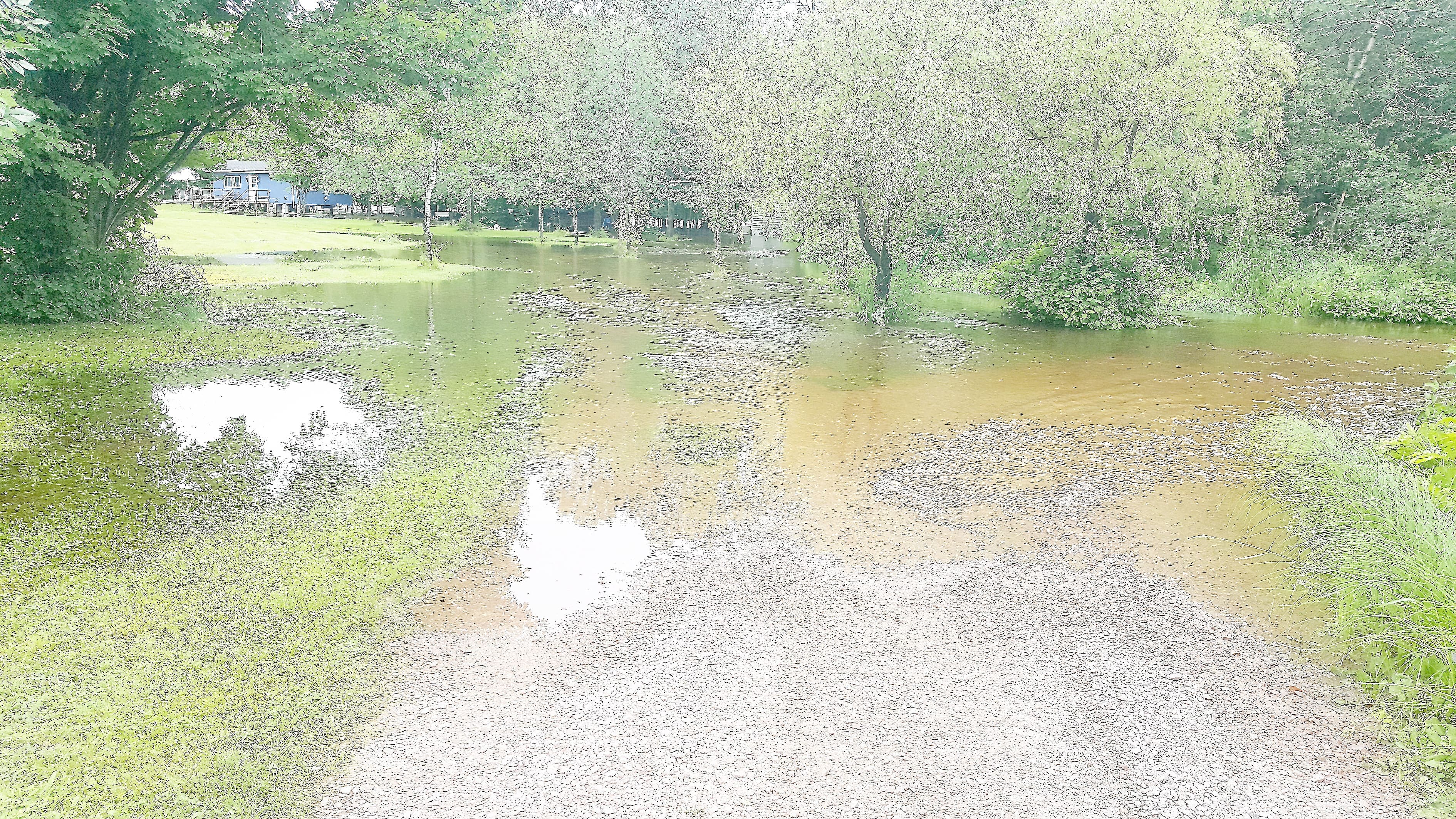 Déjà que le rang du Nord est bloqué, les propriétaires de ces chalets doivent en plus composer avec l'inondation de leur chemin d'accès.