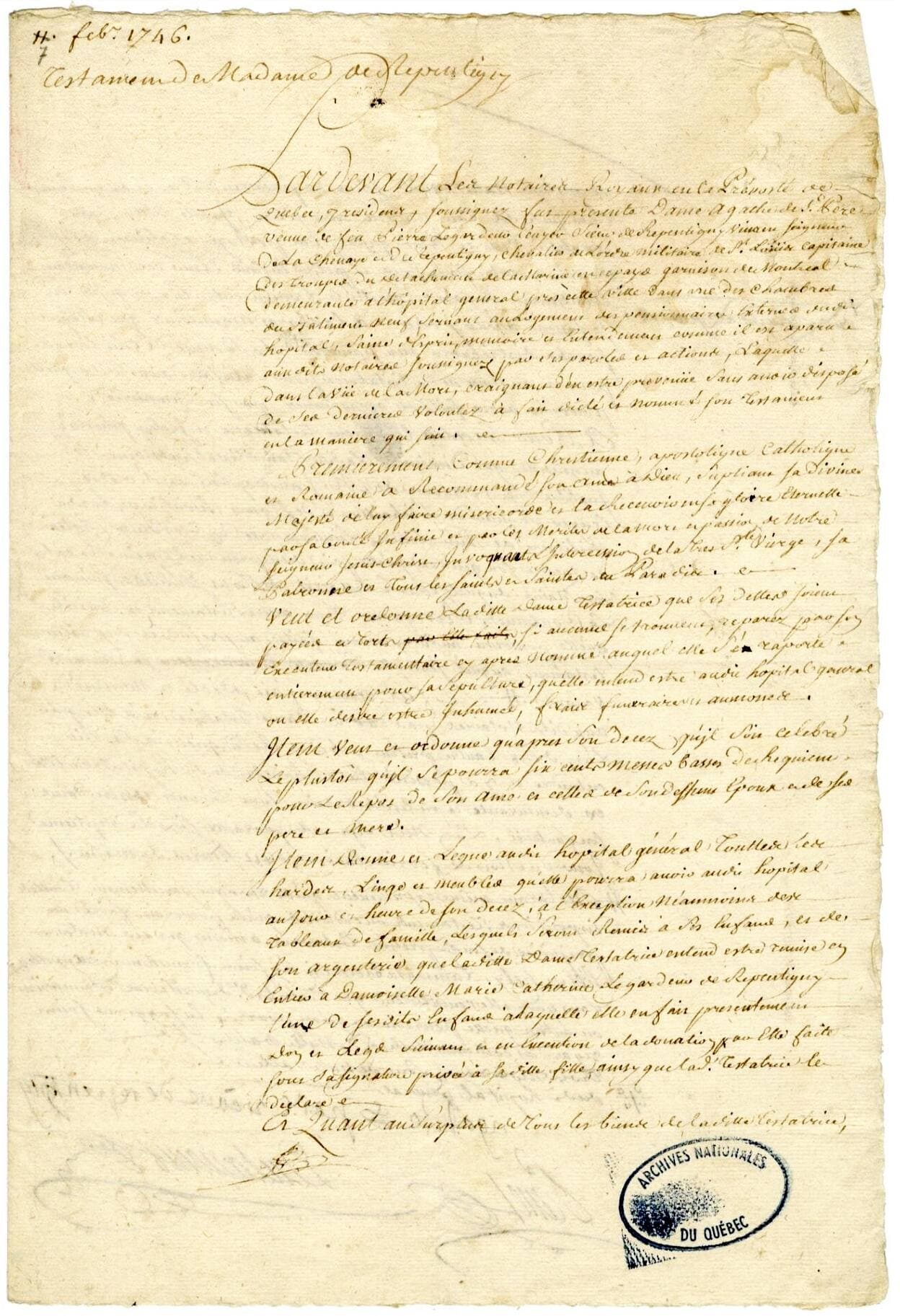 Testament d’Agathe de Saint-Père, 7 février 1746.