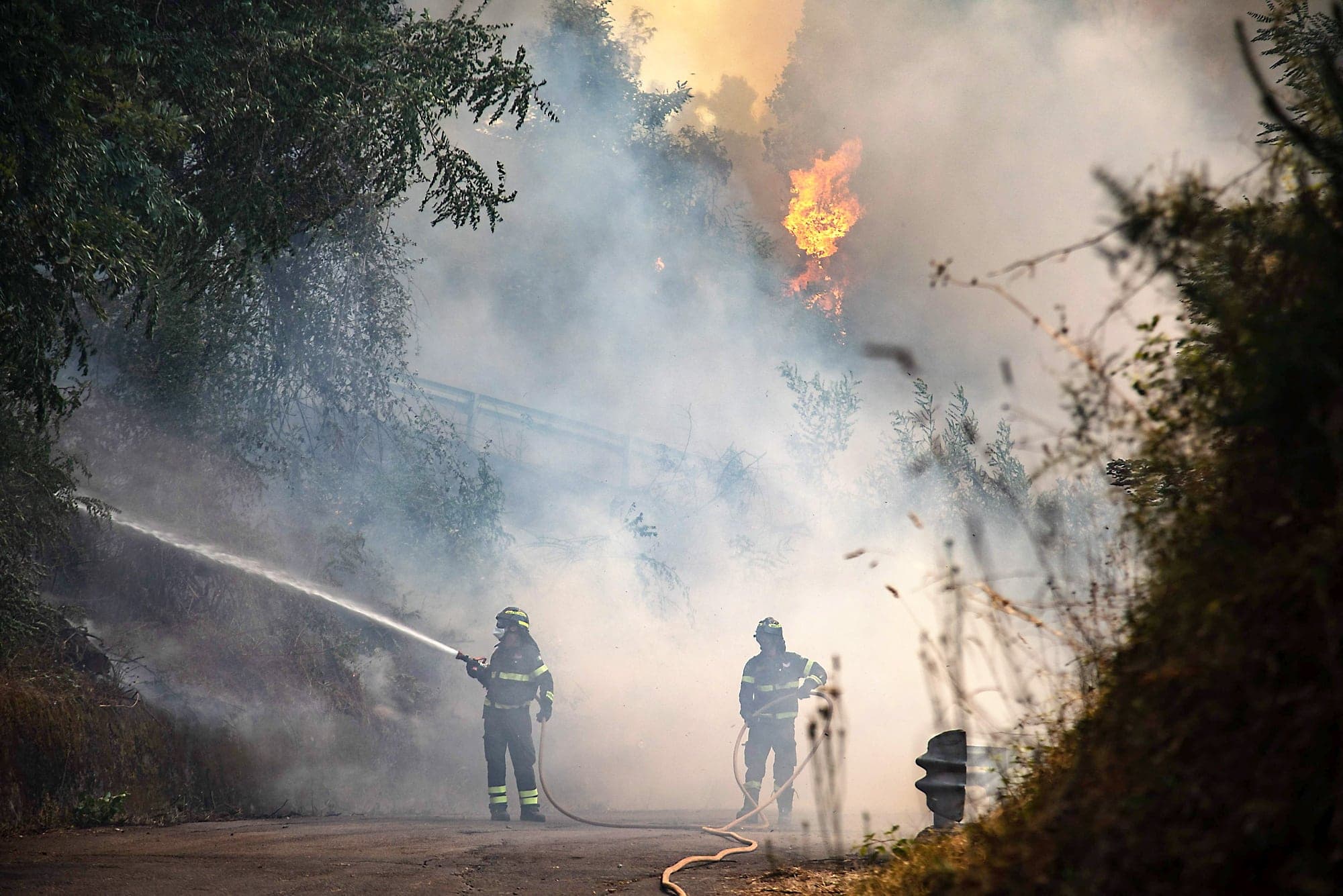 Des pompiers tentent d’éteindre un incendie près de la ville de Massarosa, dans le centre de l’Italie hier.