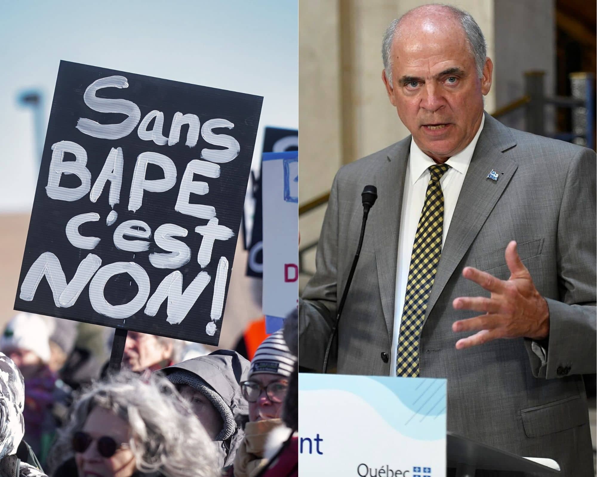 Des manifestants et le ministre de l’Énergie, Pierre Fitzgibbon.