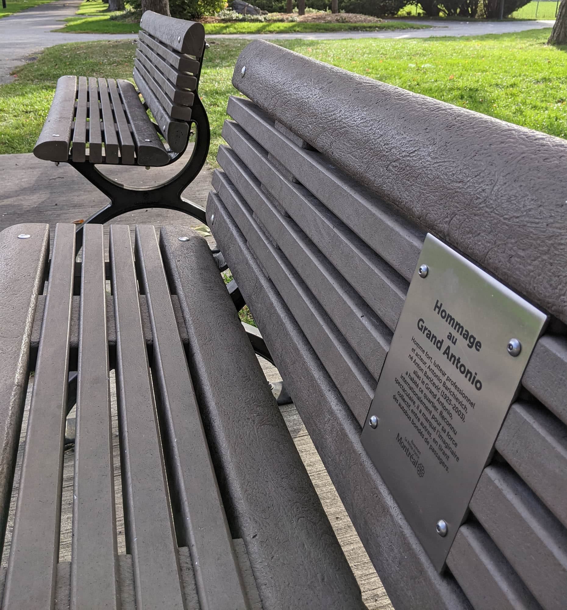 Banc commémoratif du Grand Antonio, situé dans le parc Beaubien près de l’intersection de la 9e avenue.