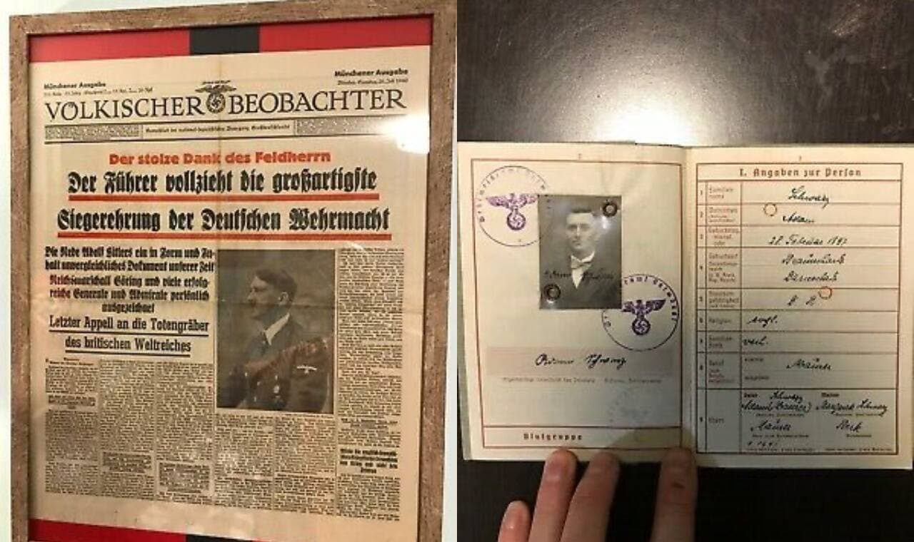 Deux artefacts d'une même collection vendus sur Marketplace et Kijiji. À gauche, un numéro «original» – selon les dires du vendeur – du «Völkischer Beobachter», l'organe de presse officiel du parti nazi de 1920 à 1945. À droite, une «Wehrpass», un document dans lequel se trouvaient des renseignements personnels et de service militaire d'Allemands.