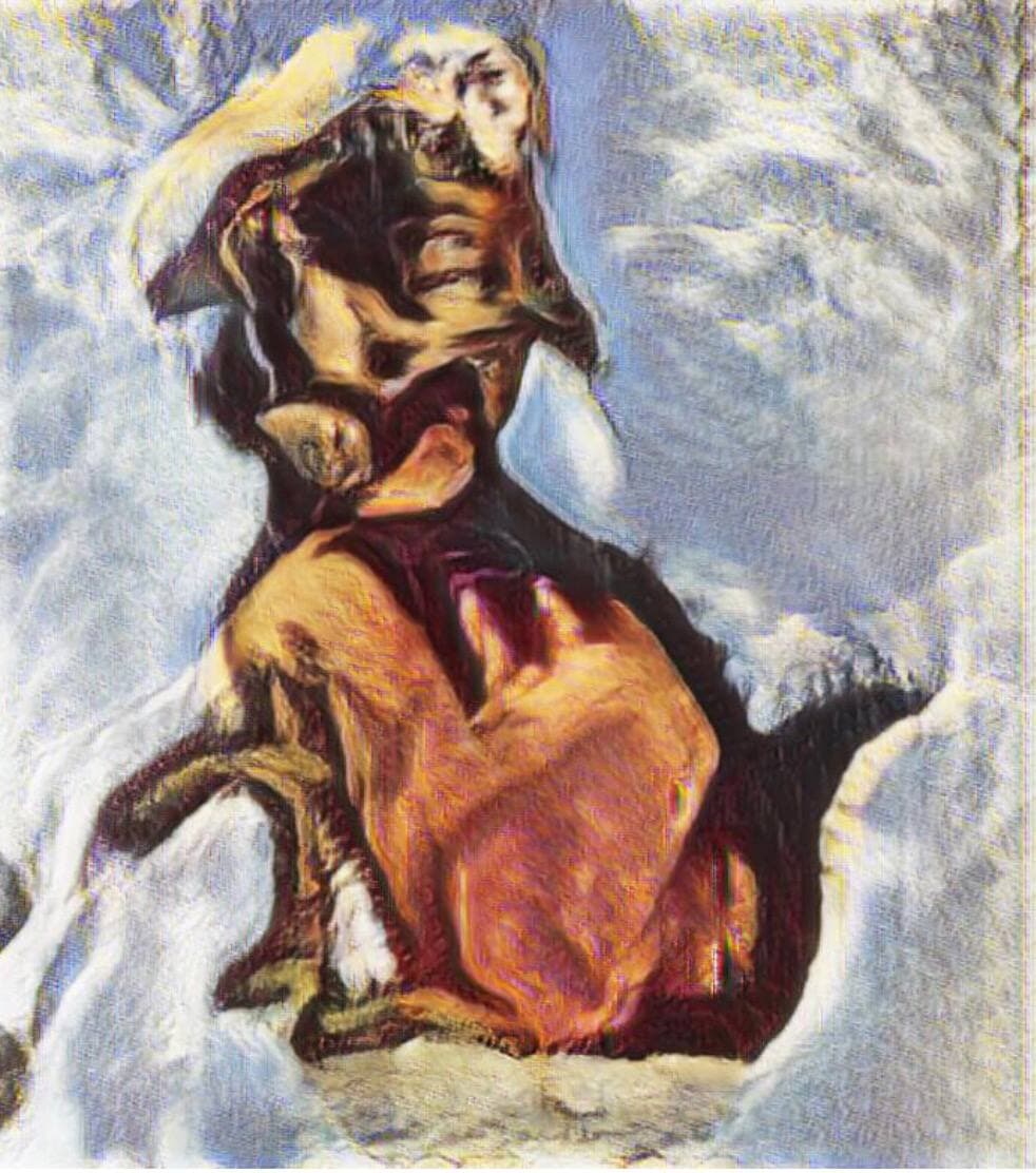 Image d'un chien créée par «Generative Adversarial Networks». Cette image a été utilisée dans le premier livre d'art d'IA publié.