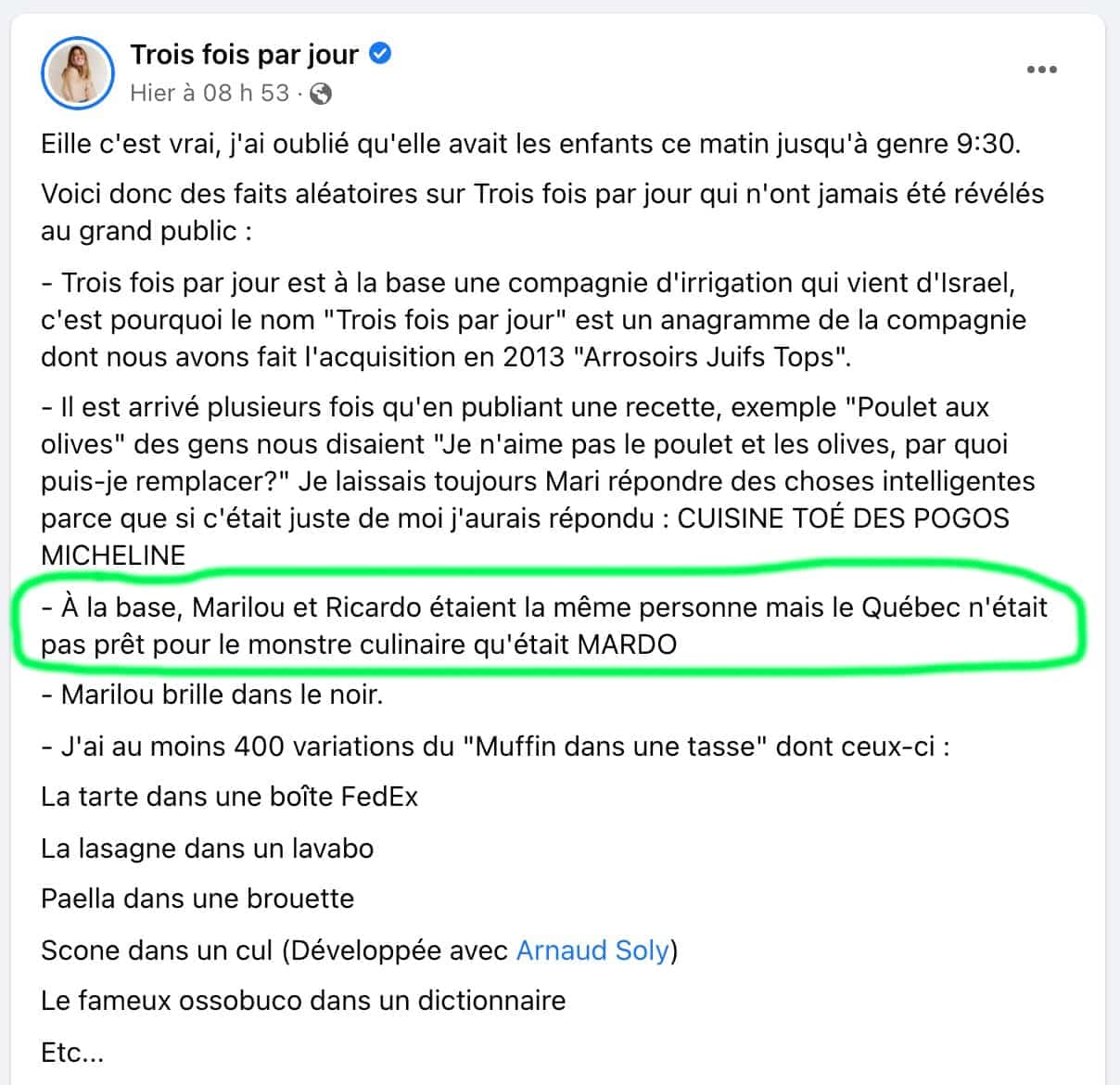 Capture d'écran / Facebook Trois fois par jour