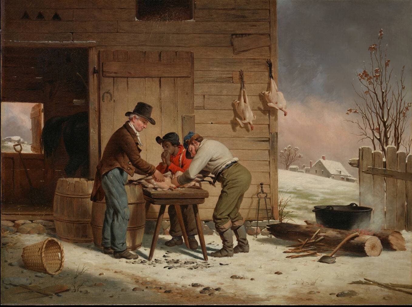 Cette œuvre, une huile sur toile de 1851 de Francis William Edmonds intitulée Preparing for Christmas, illustre bien la préparation de la dinde à l’époque.
