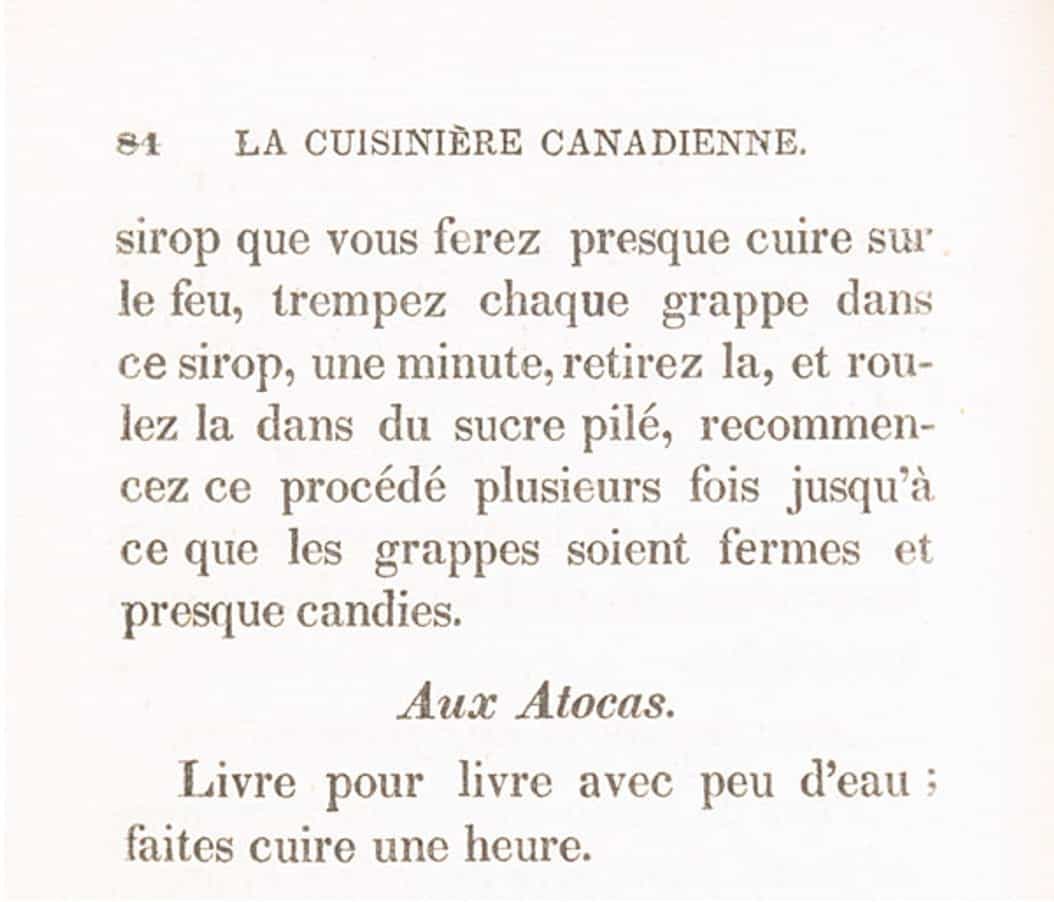 Recette de confitures aux atocas tirée de La cuisinière canadienne, publié à Montréal chez Louis Perrault en 1840