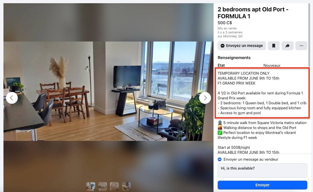 Un logement offert pendant le week-end du Grand Prix à Montréal, sans aucun numéro CITQ. La loi oblige pourtant l’annonceur à afficher celui-ci.