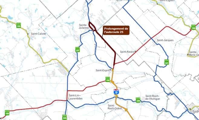 L’autoroute 25 sera prolongée de neuf kilomètres à partir de la route 158, à Saint-Esprit, jusqu’au rang du Cordon (route 346), à Sainte-Julienne.