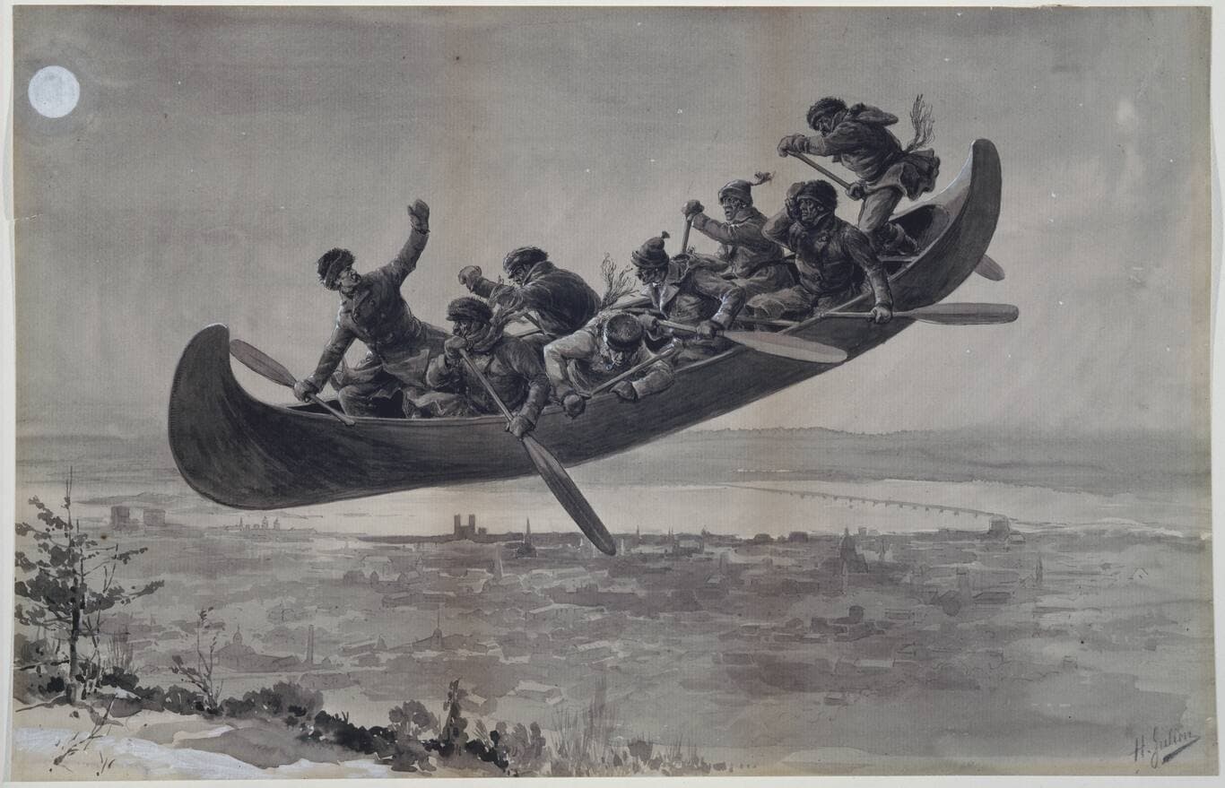 Célèbre dessin d’Henri Julien représentant les bûcherons en pleine chasse-galerie dans leur canot d’écorce. Haut dans les airs, ils survolent la ville de Montréal.