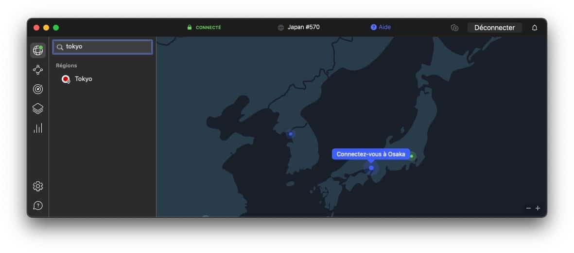 Dans cette région, les serveurs VPN de Tokyo, Osaka et Séoul sont disponibles.