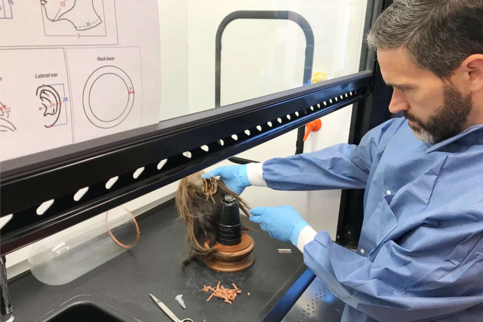 Le biologiste et anthropologue Craig Byron, durant son examen de la tsantsa.