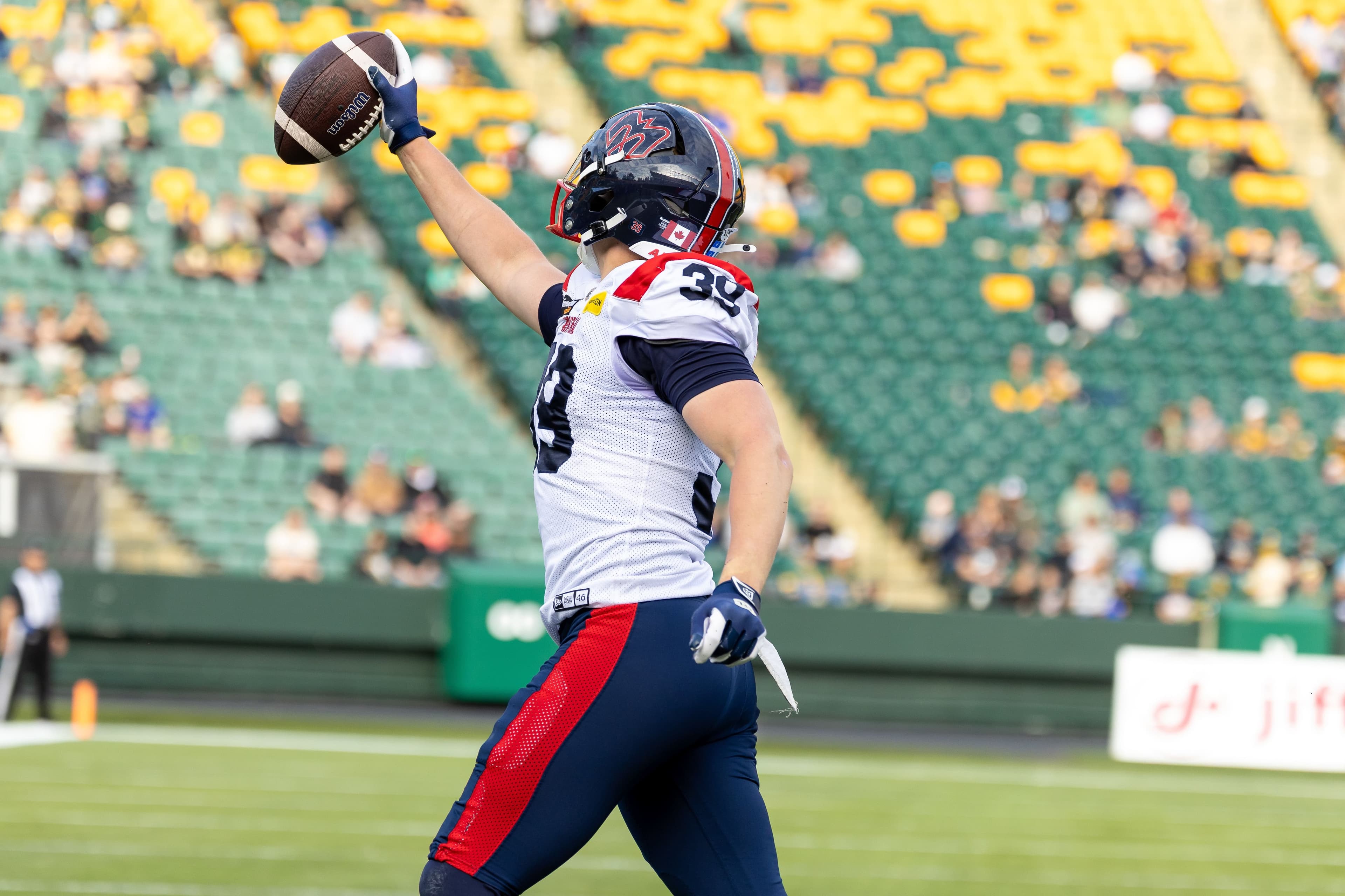 David Dallaire, auteur d’un touché pour les Alouettes de Montréal, durant le match contre les Elks, le jeudi 19 juin 2025, à Edmonton.