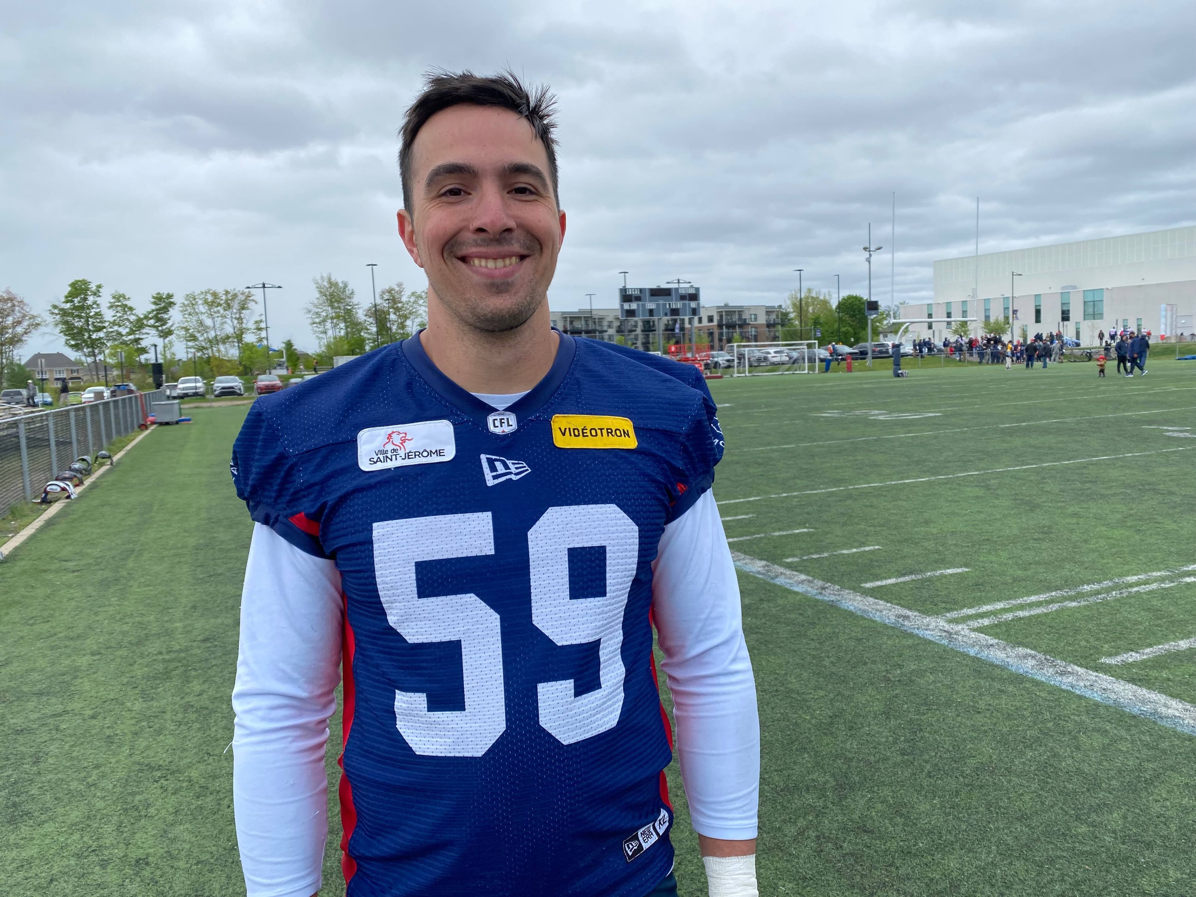 Gabriel Maisonneuve, au camp d'entraînement des Alouettes, le lundi 19 mai 2025, à Saint-Jérôme.
