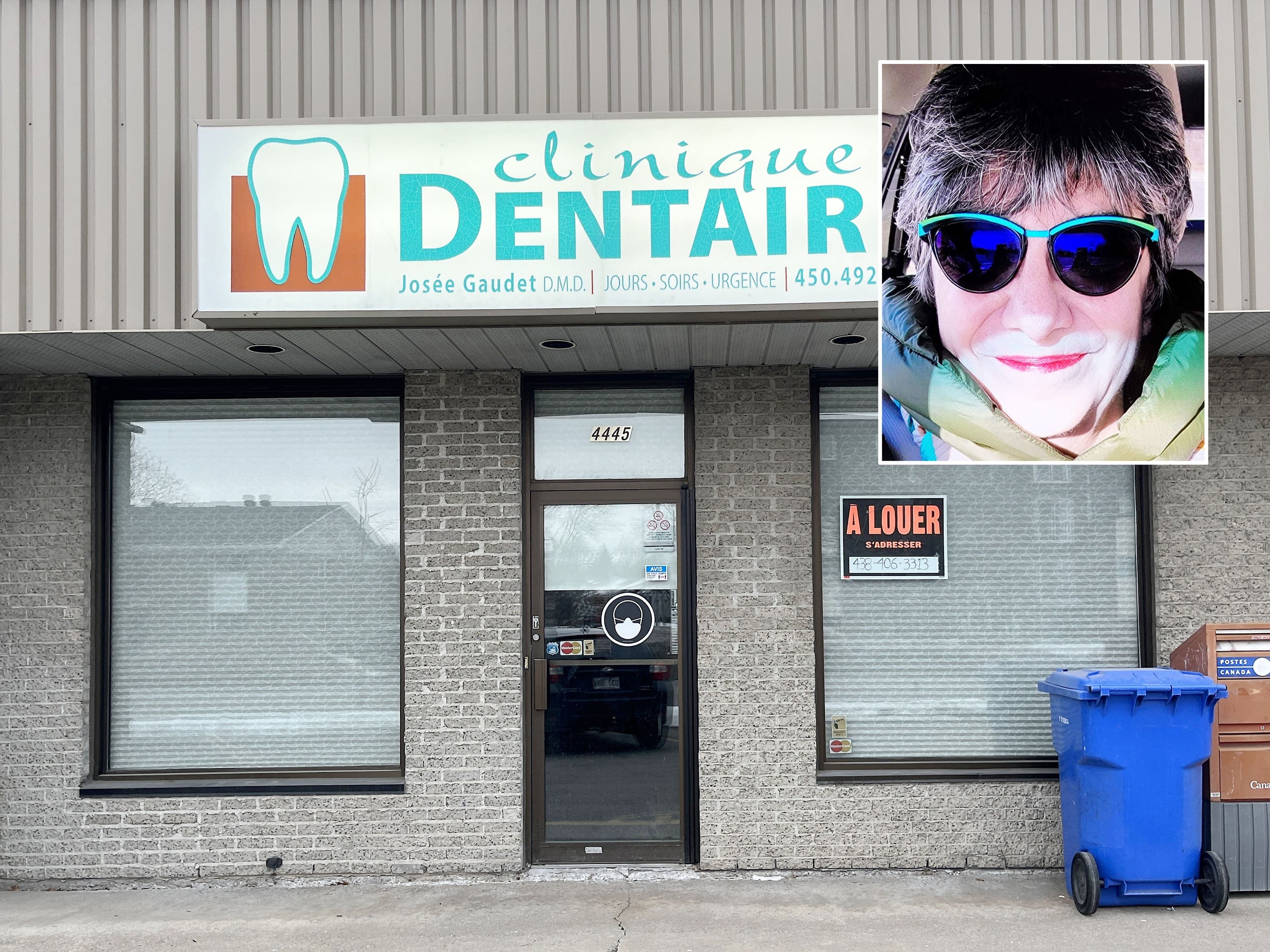 Une affiche «à louer» fut finalement posée dans la devanture de la clinique dentaire Josée Gaudet (en mortaise) à Terrebonne, en février 2024.