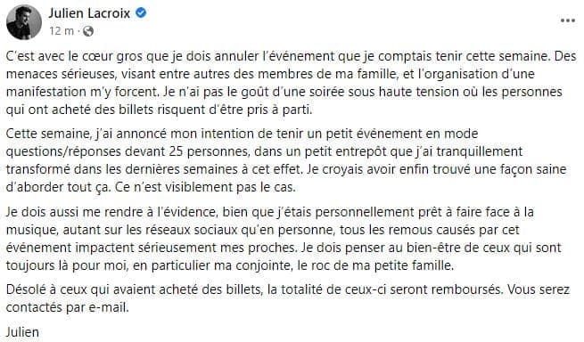 Capture écran | Facebook de Julien Lacroix