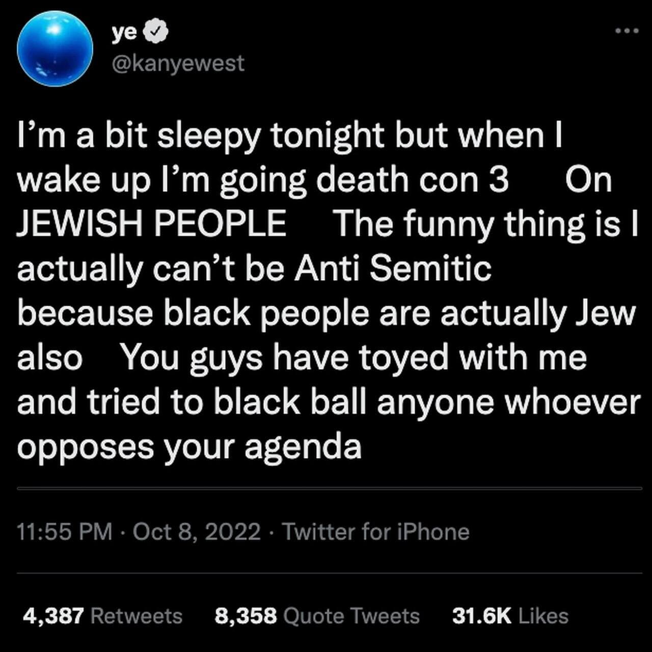 Publication antisémite de Kanye West s'adressant à Mark Zuckerberg sur Twitter.