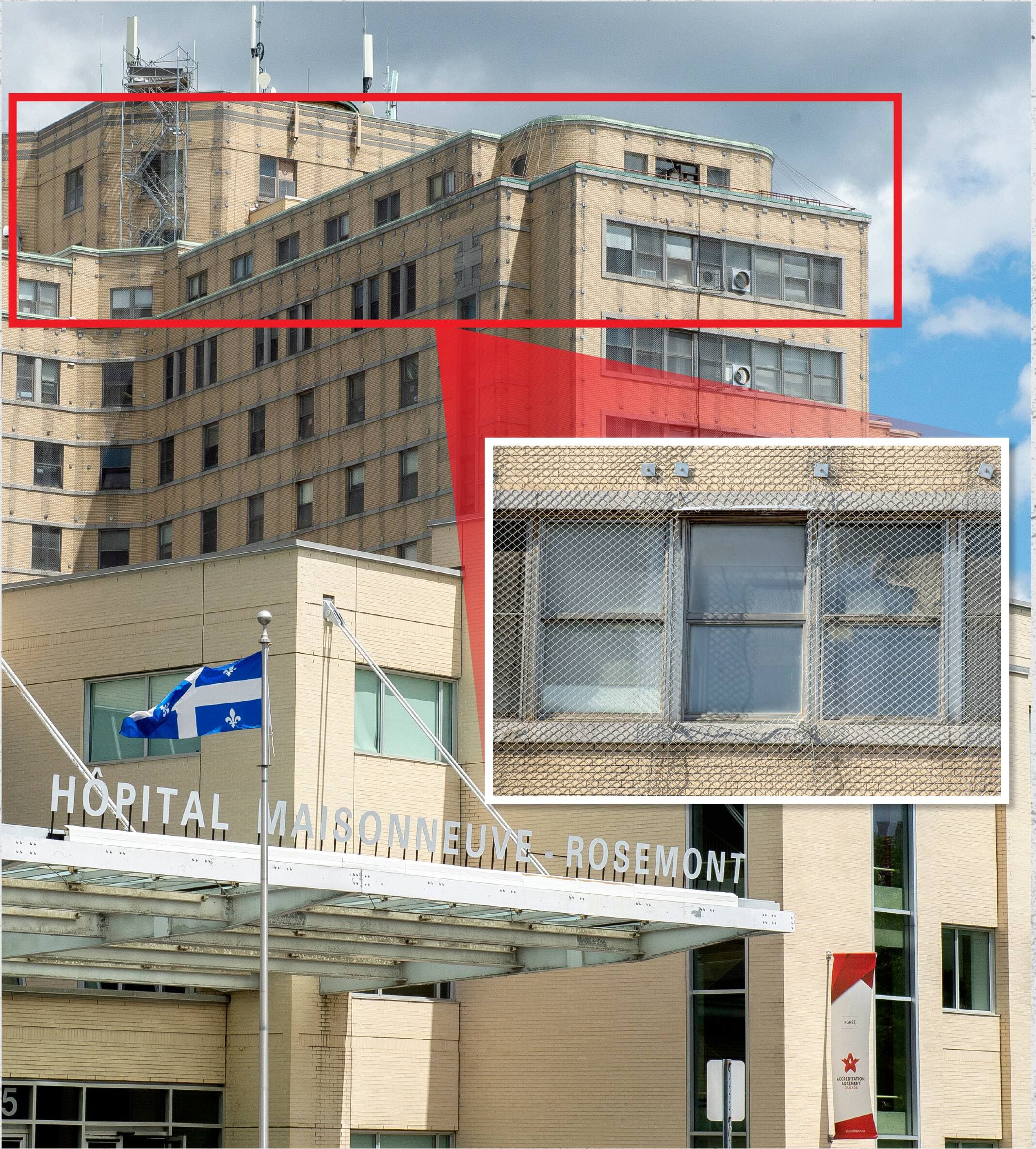 L’hôpital Maisonneuve-Rosemont doit être modernisé dans un mégaprojet en discussion depuis dix ans. En 2018, du grillage a été apposé sur la brique extérieure pour éviter qu’elle tombe sur les passants.