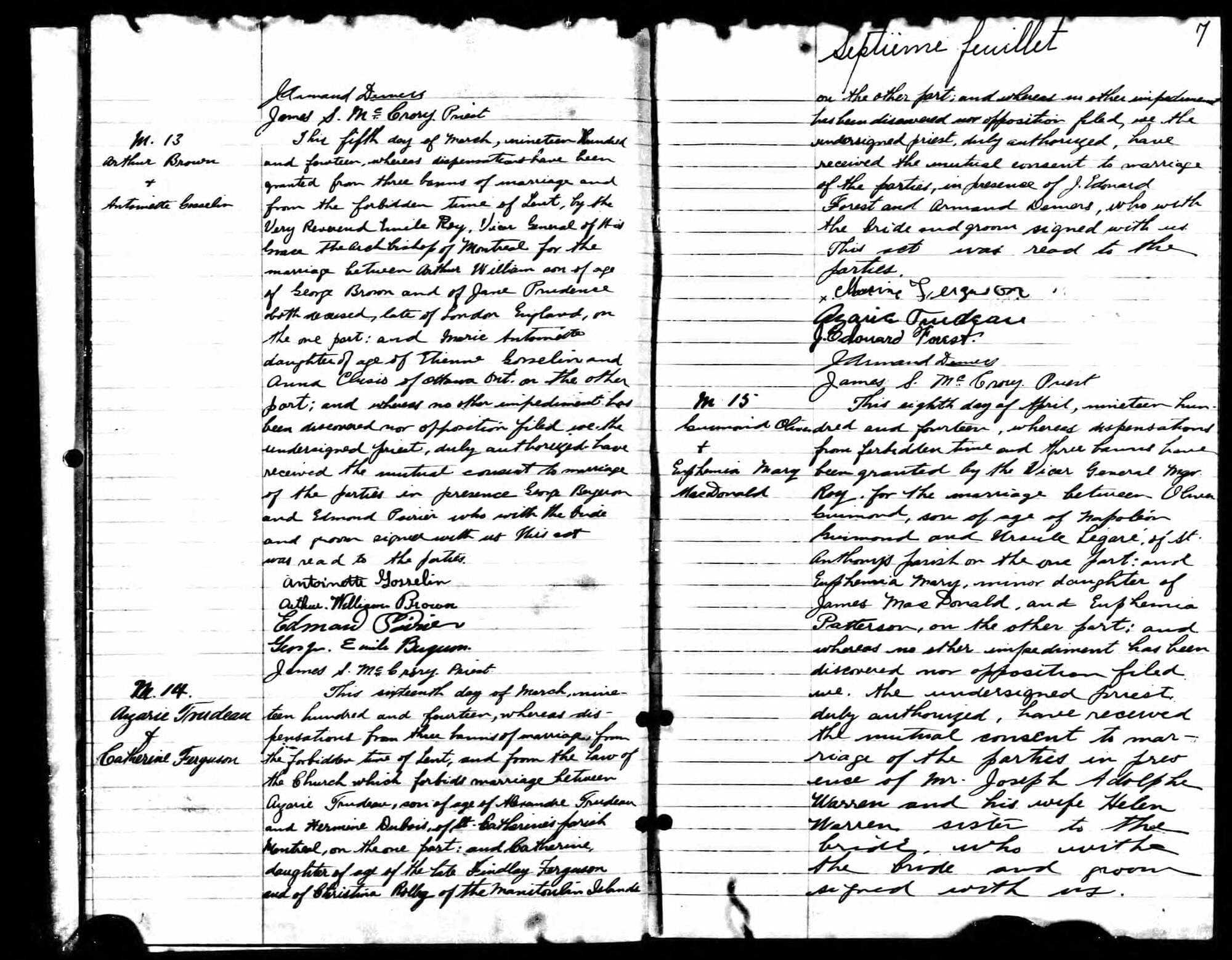 Extrait du mariage anglophone d’Olivier Guimond (Ti-Zoune) et d’Effie MacDonald, le 8 avril 1914, à l’église Saint-Jacques-le-mineur.