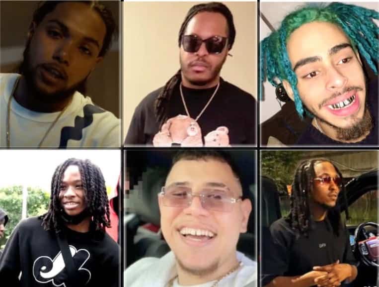 Les six rappeurs tués depuis juillet 2021 à Montréal, de gauche à droite: Suman Mohammed Sayum, Jerry Willer Jean-Baptiste, Duckerns Pierre Clermont, Jannai Dopwell-Bailey, Hani Ouahdi et Adam Jean-Philippe.