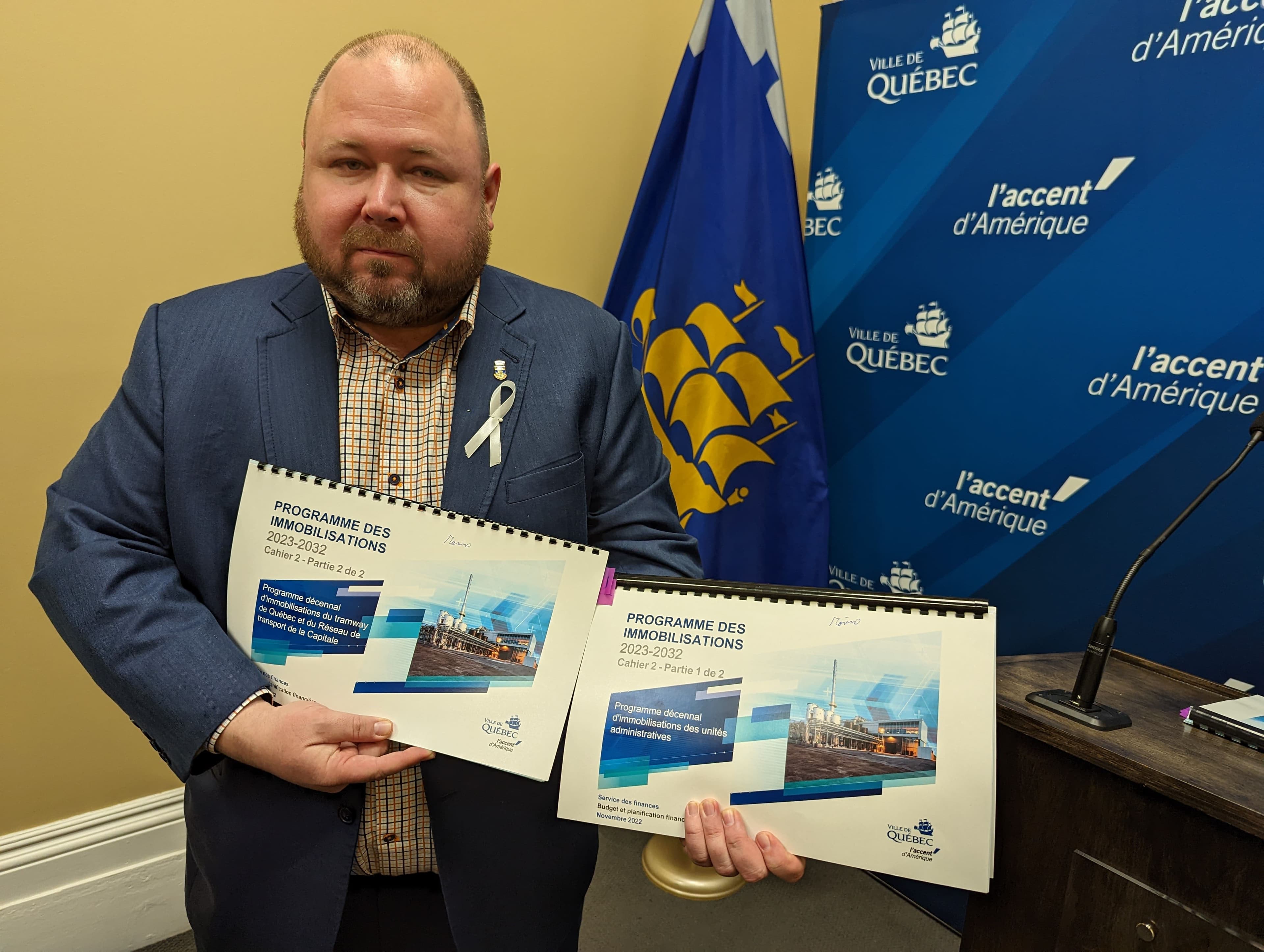 Le chef de Québec d'abord, Claude Villeneuve, tient dans ses mains les deux cahiers du PDI (Programme décennal d'immobilisations) qui feront l'objet d'un vote distinct dans les prochains jours. La composante tramway a été retirée du cahier principal et jumelée aux autres investissements du RTC.