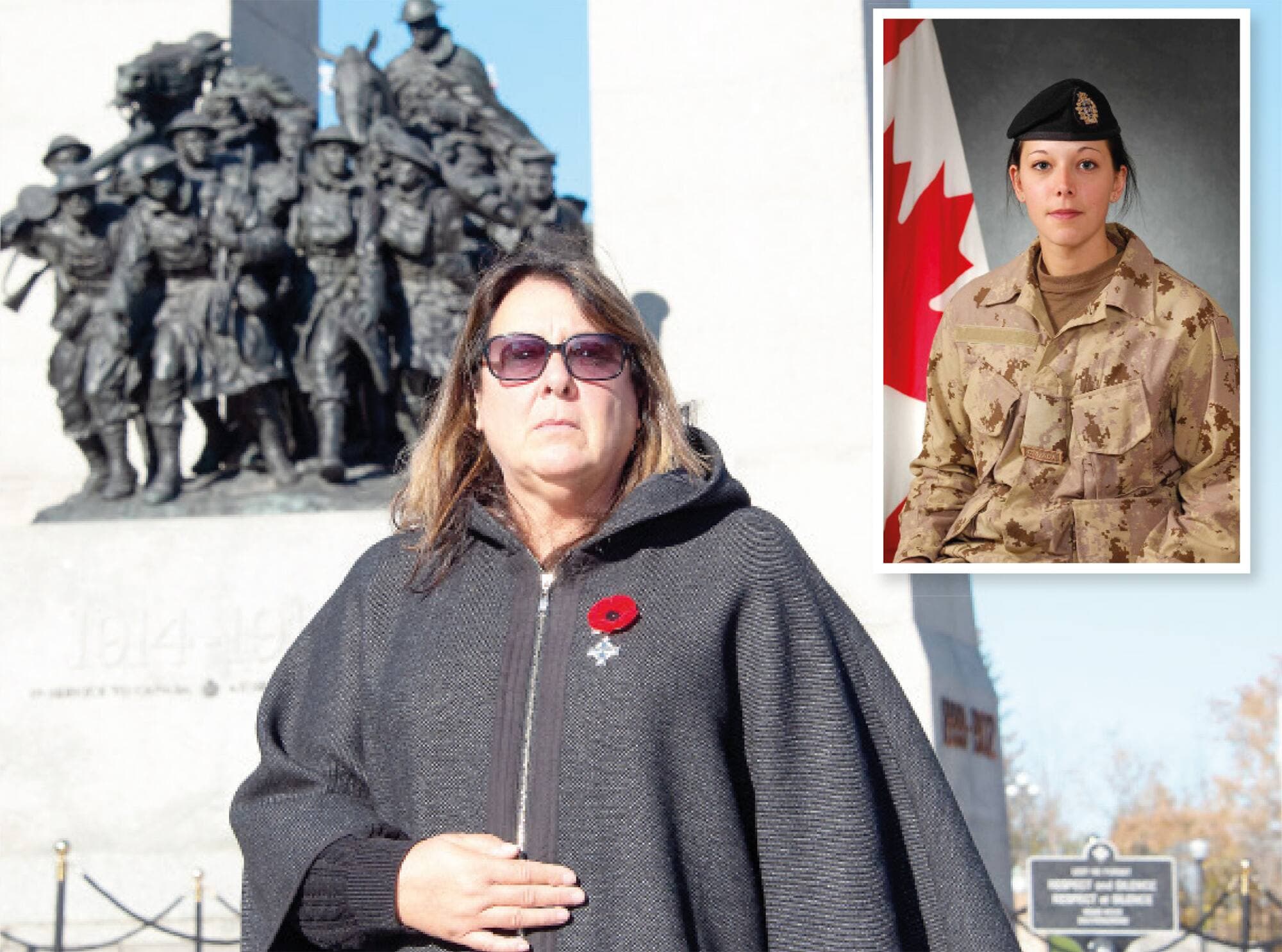Josée Simard, photographiée devant le Monument commémoratif de guerre à Ottawa, où elle déposera aujourd’hui une couronne de fleurs en l’honneur de sa fille décédée en mission, Karine Blais (en mortaise), ainsi que tous les autres soldats morts lors d’opérations militaires ou dans l’exercice de leurs fonctions normales, à l’occasion du jour du Souvenir.