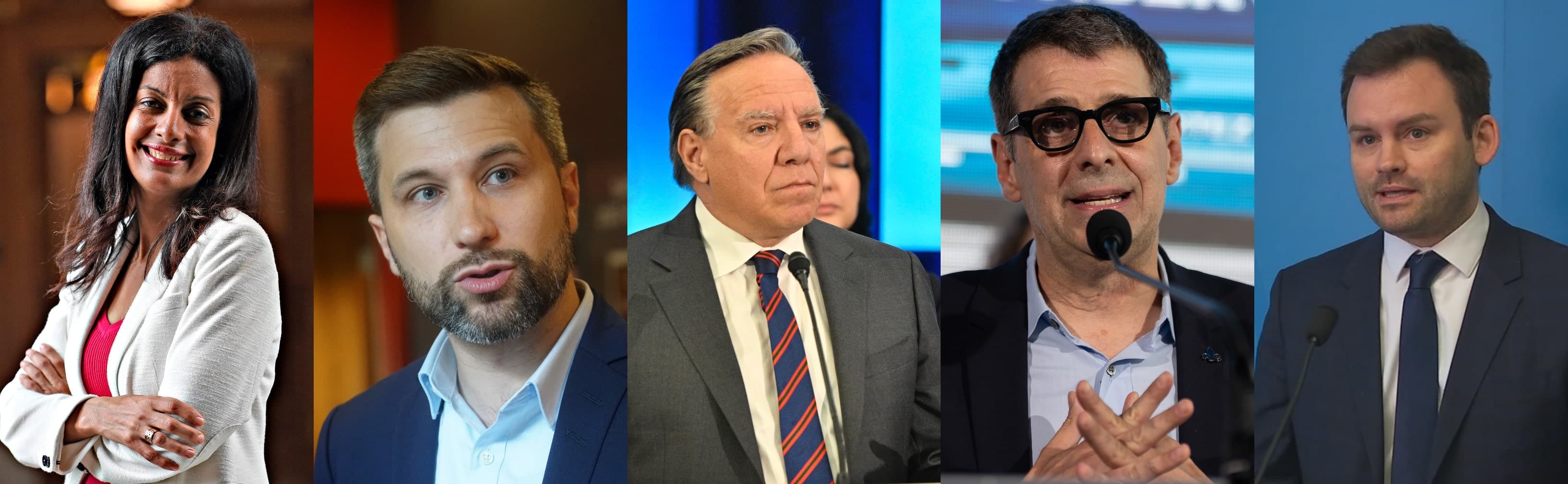 De gauche à droite: Dominique Anglade (PLQ), Gabriel Nadeau-Dubois (QS), François Legault (CAQ), Éric Duhaime (PCQ), Paul St-Pierre Plamondon (PQ)