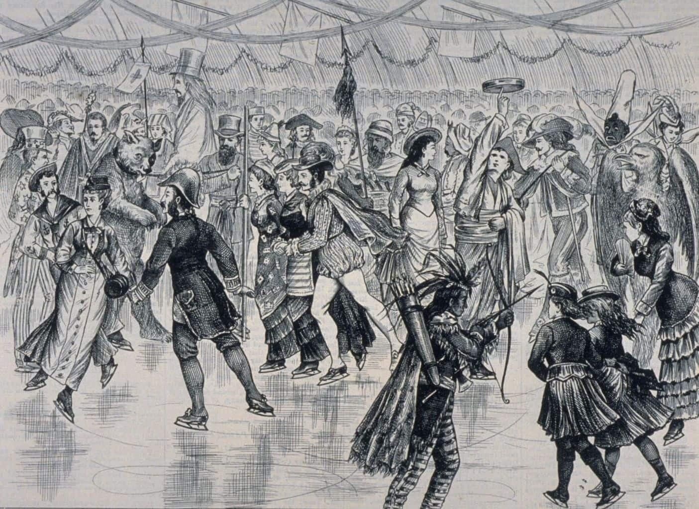 Cette activité de patinage de Mardi Gras tenue au Victoria Skating Ring de Montréal en février 1879 reflète parfaitement l’ambiance d’une soirée costumée carnavalesque. BAnQ, notice 0002730601.