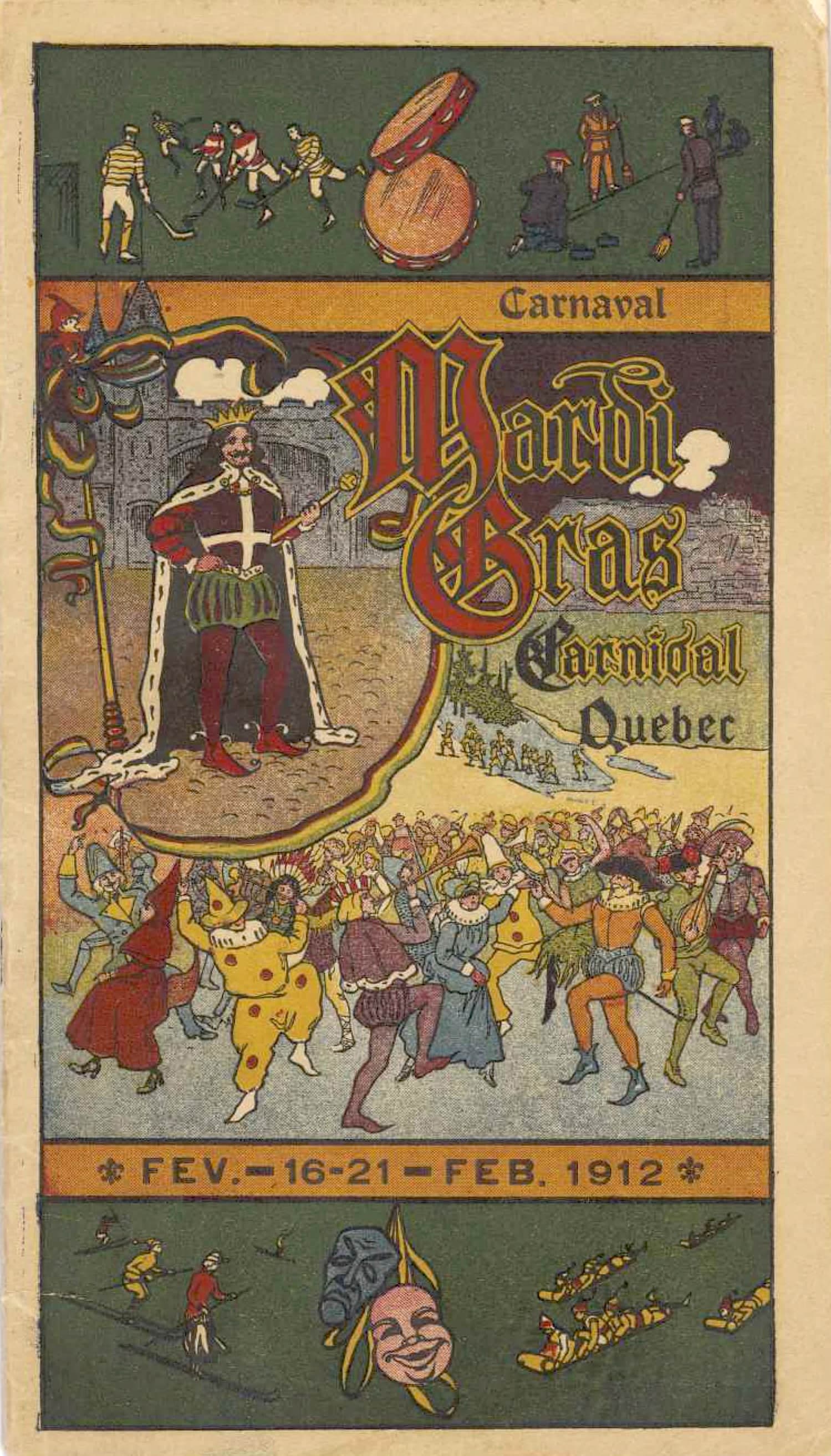 La page couverture du programme du Carnaval de Québec 1912 réfère sans ambiguïté à l’importance des costumes, un rappel renforcé par l’emploi des mots «Mardi gras». BAnQ.