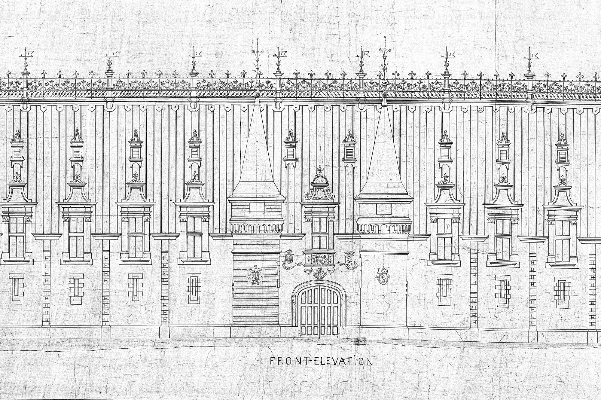 Dessin architectural original du Manège militaire de Québec par Eugène-Étienne Taché, 1887.