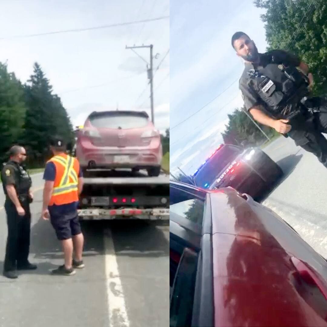 Captures d’écran d’une vidéo où l’on voit deux policiers saisir la voiture de Jean-Denis Boudreault, qui conduisait avec un faux permis et une fausse plaque d’un pays imaginaire qu’il a inventé.