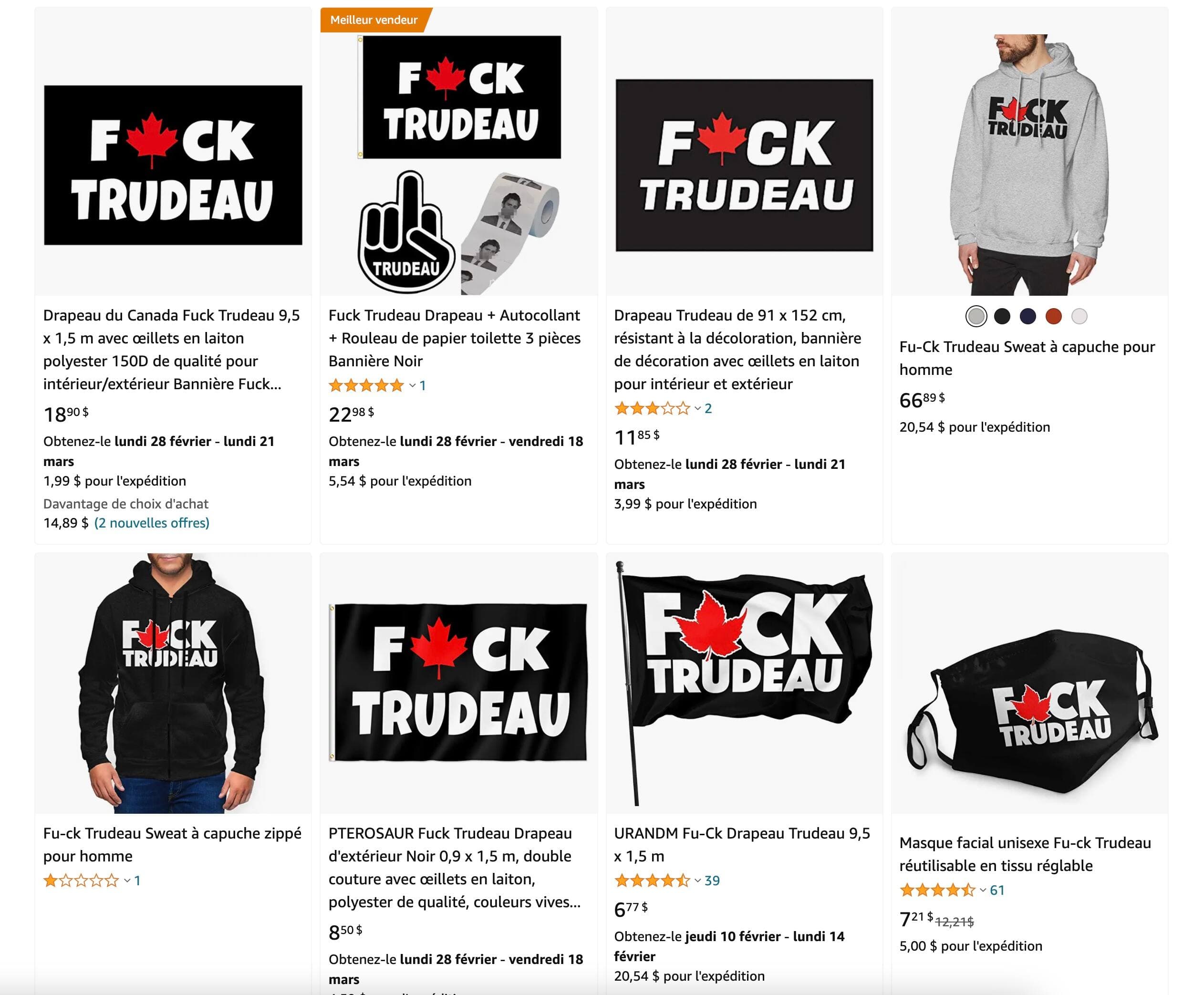 Une panoplie de produits sont offerts lorsque l'on cherche «F*ck Trudeau» sur Amazon.