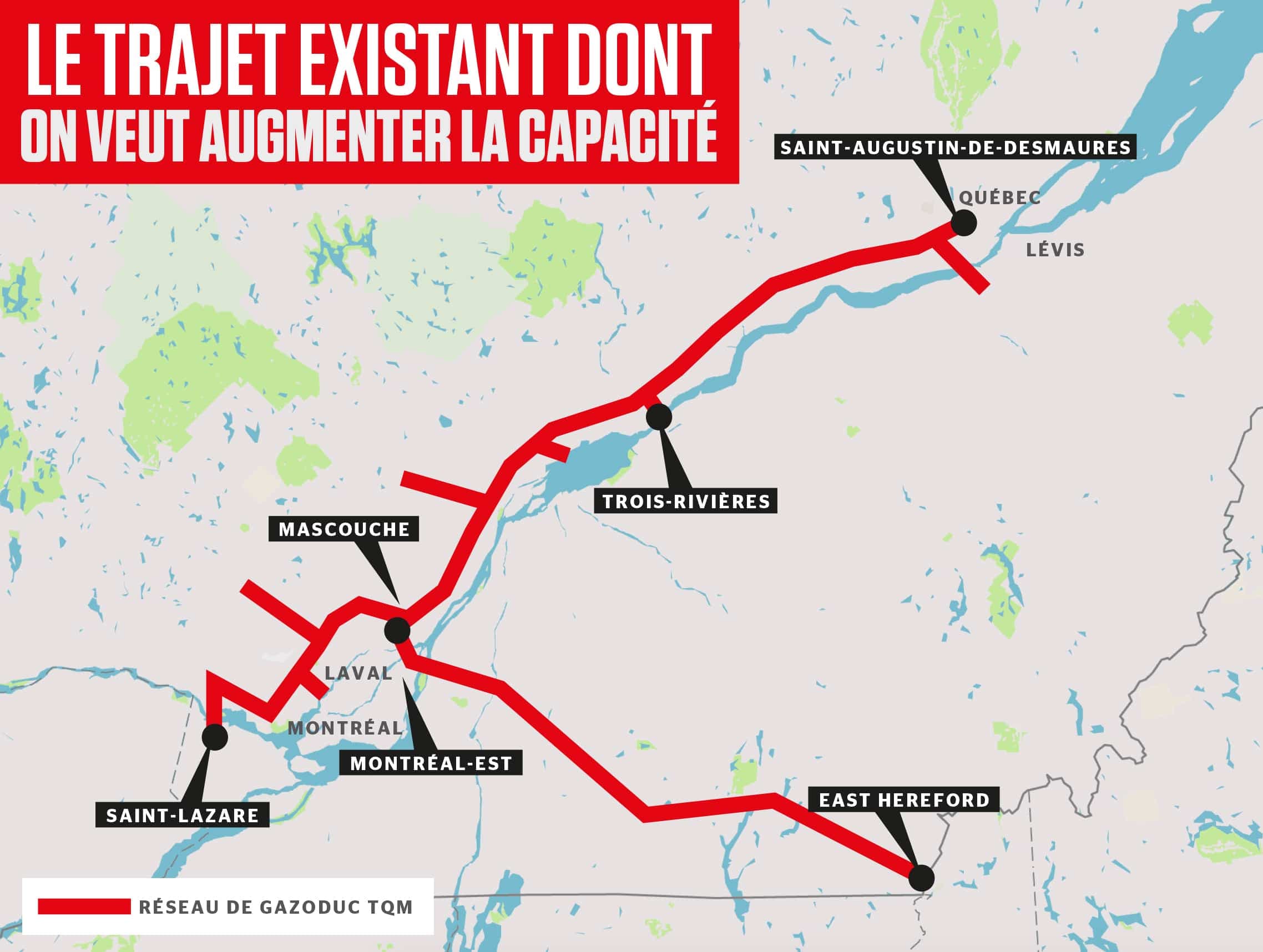 La compagnie Pieridae veut utiliser le gazoduc Trans Québec & Maritimes (TQM) qui couvre 572 km et compte 31 points de livraison au Québec. Il est raccordé au Portland Gas Transmission System qui alimente l’Est des États-Unis et les Maritimes.