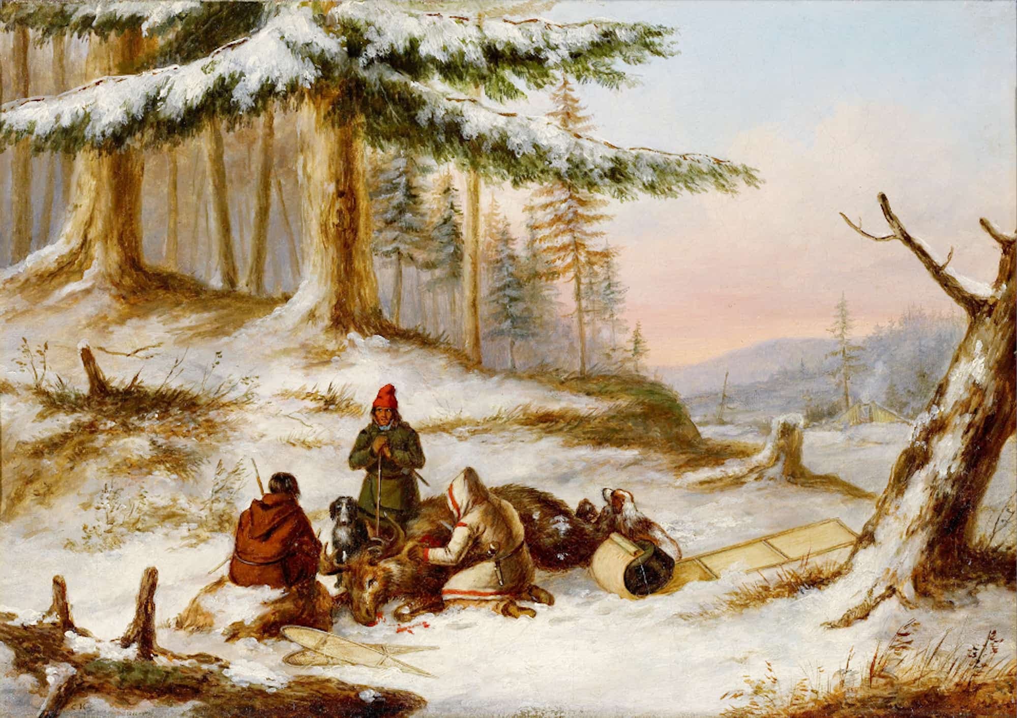 Un mélange de viandes domestiques et de gibier, comme l’orignal, dont on voit une représentation de la chasse sur cette toile de Cornelius Krieghoff datant de 1860, fait partie de la recette du cipaille gaspésien, apparenté au Yorkshire Christmas Pie de Hannah Glasse.