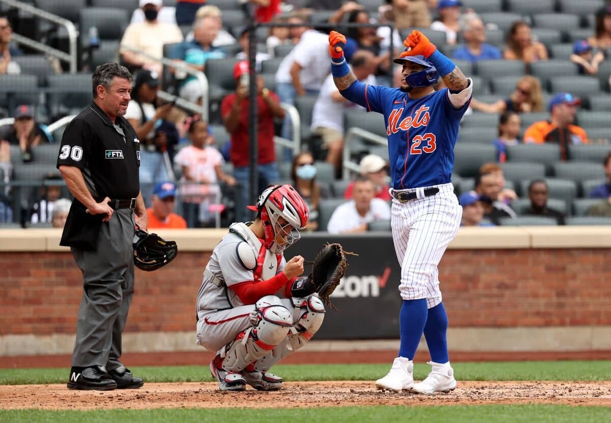 NEW YORK, NEW YORK - AUGUST 29: Javier Baez #23 of the New York Mets reacts after hitting a two run home run during the bottom of the fourth inning of a game against the Washington Nationals at Citi Field on August 29, 2021 in New York City. Dustin Satloff/Getty Images/AFP
== FOR NEWSPAPERS, INTERNET, TELCOS & TELEVISION USE ONLY ==