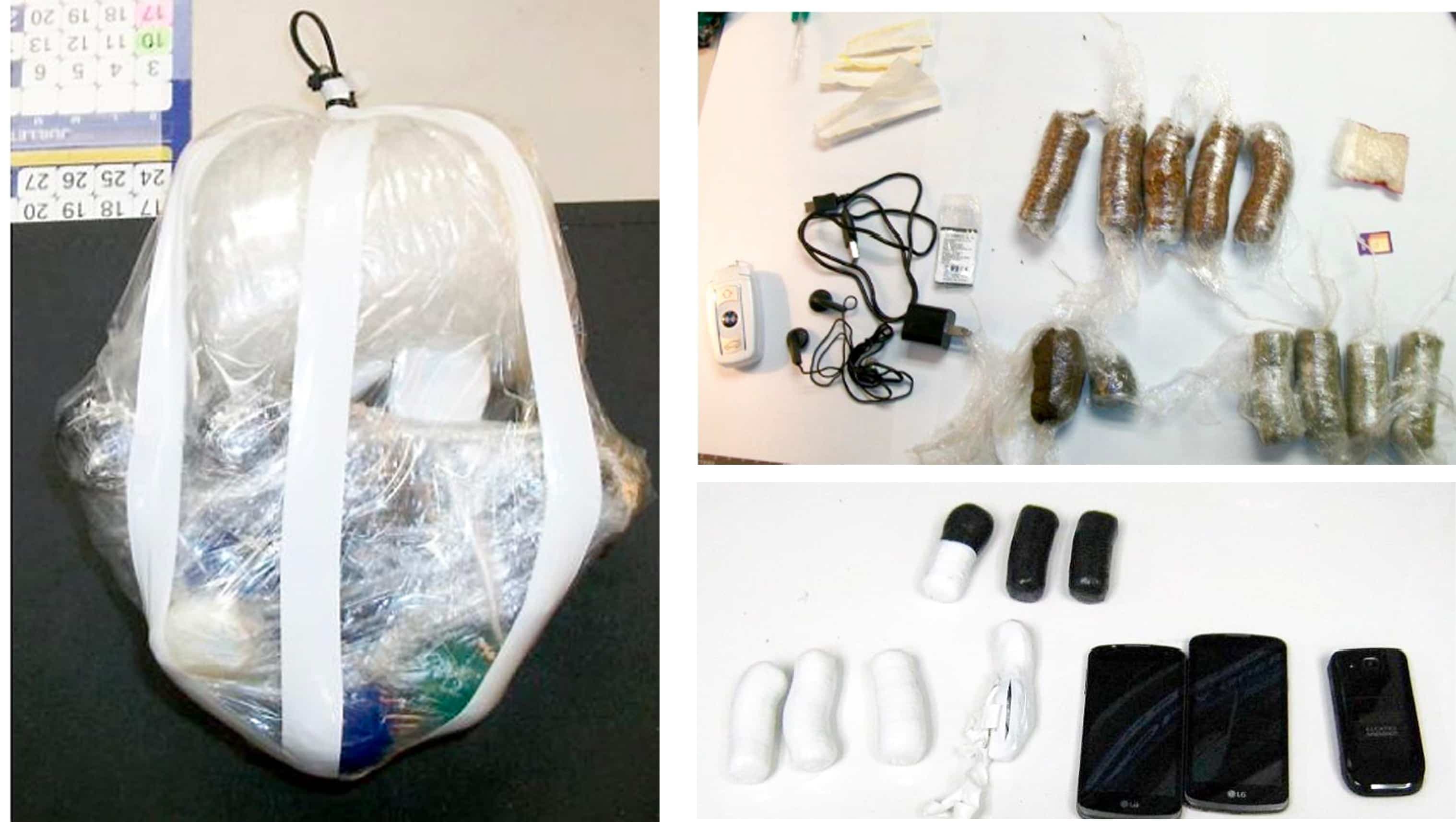 Le contenu du paquet intercepté (à gauche) contenait notamment des cellulaires, du haschich et du tabac (photos de droite).