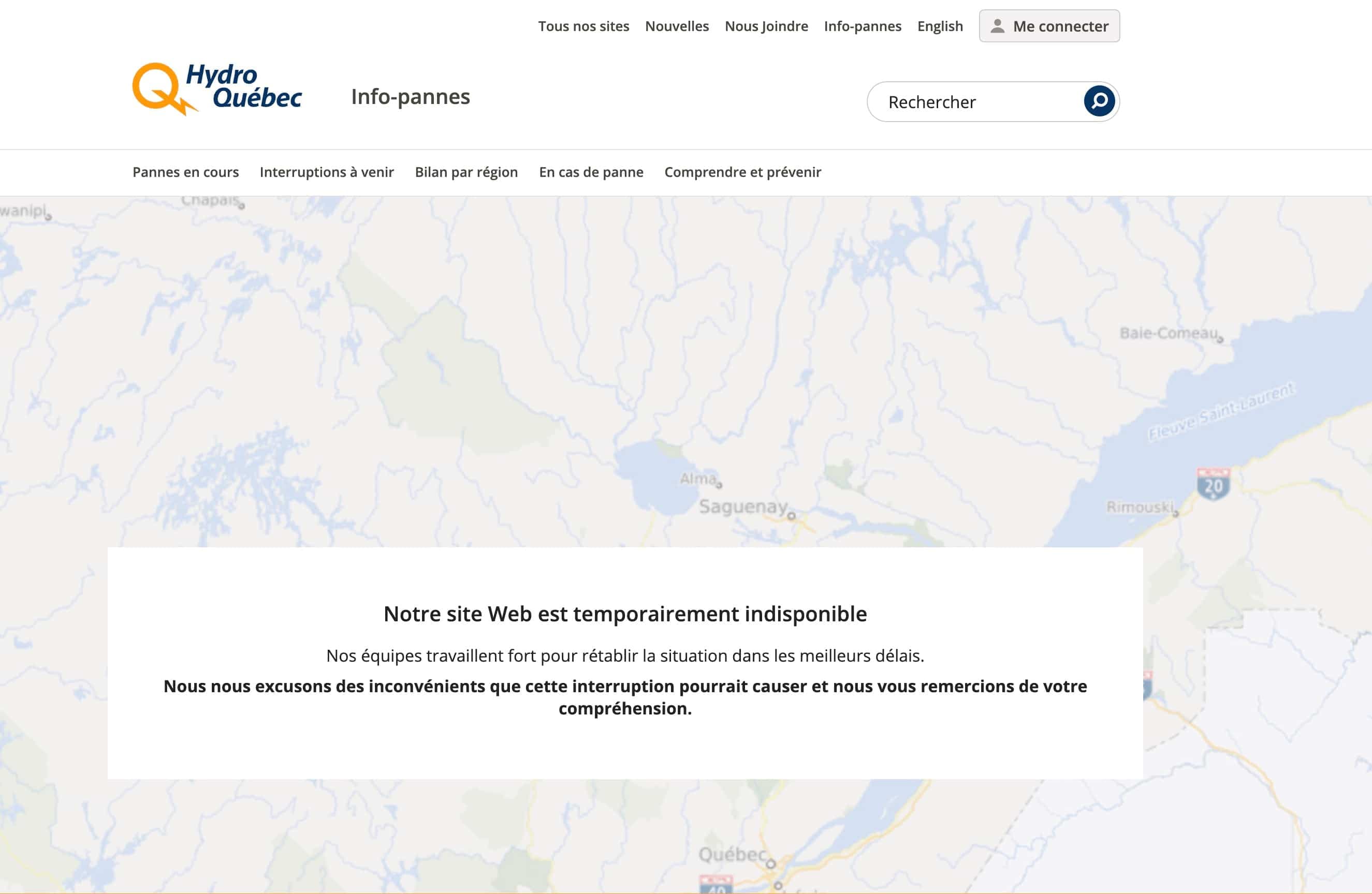Le site Info-Pannes d'Hydro-Québec est en panne depuis ce matin.