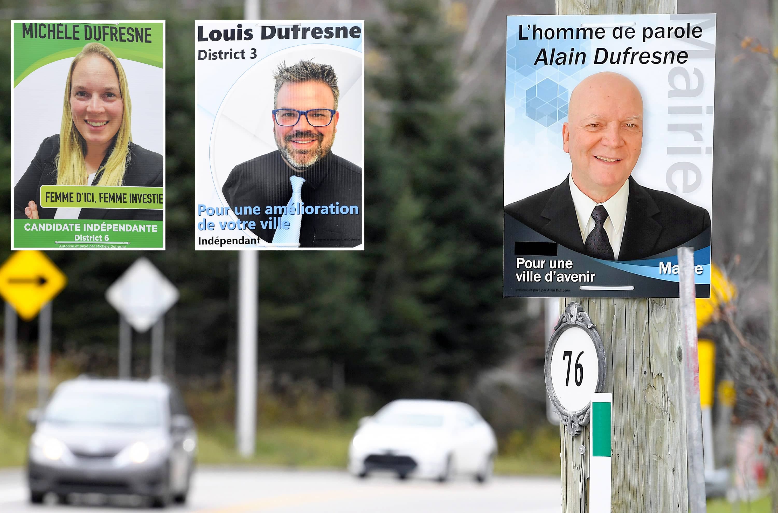 Trois membres de la famille Dufresne ont des affiches électorales bien en vue à Sainte-Brigitte-de-Laval. Alain, le père, se présente à la mairie alors que deux de ses enfants dans la trentaine, Louis et Michèle, visent un poste de conseiller.